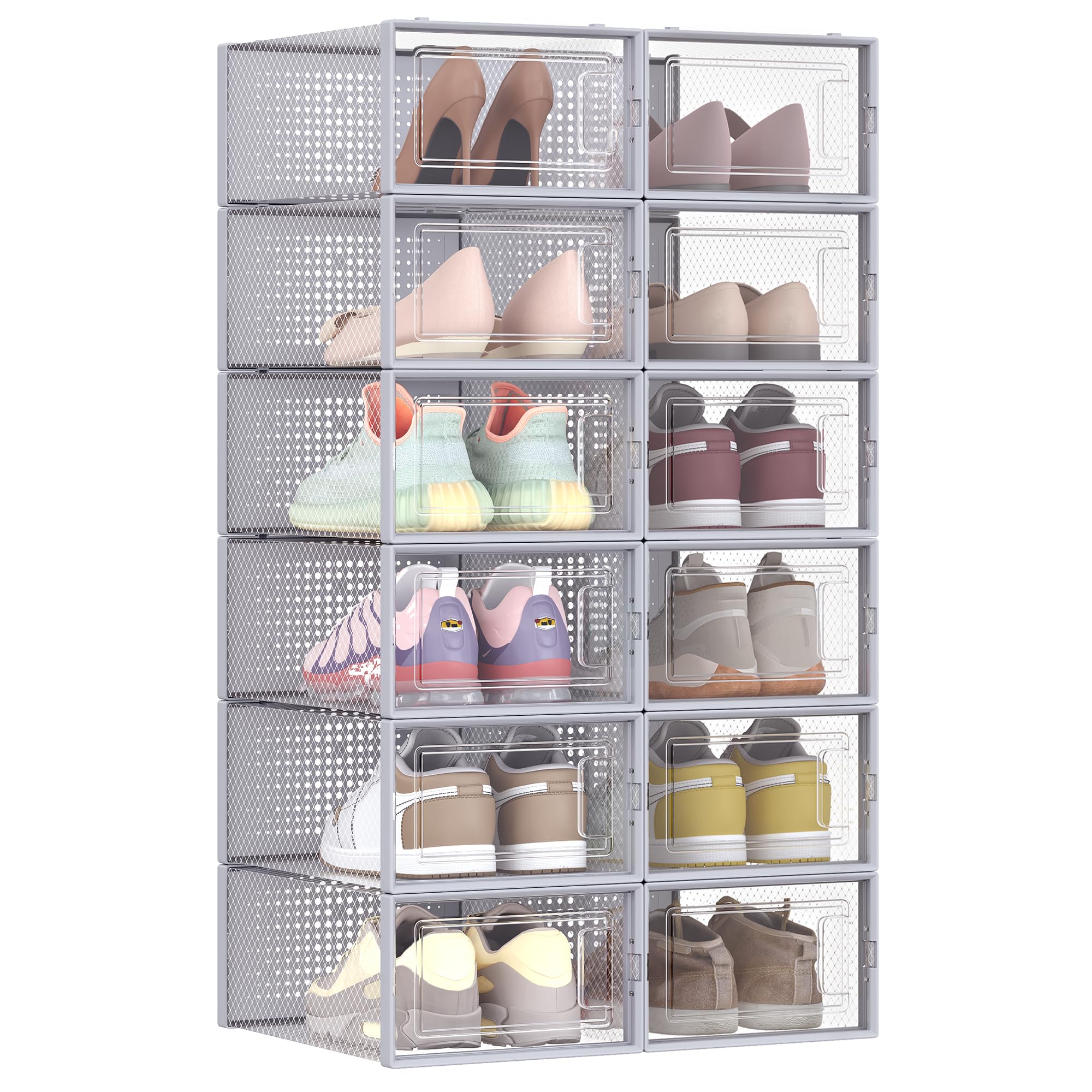 SONGMICS Shoe Boxes, Pack of 12 Stackable Shoe Storage Organisers, Foldable and Versatile for Sneakers, Fit up to UK Size 11, Transparent and White LSP12MWT โ image 1