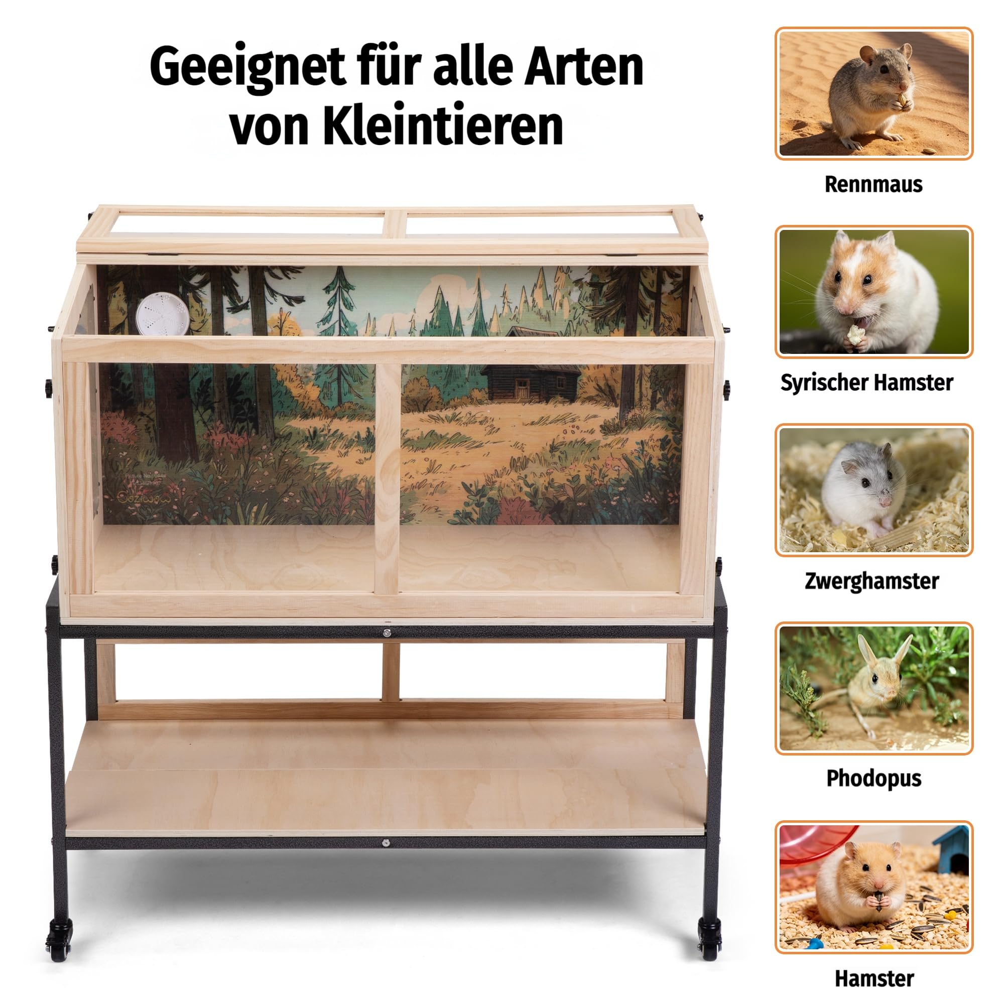 Hamsterkäfig Hochbeet mit Rollen, Kiefernholz, Acryl, Ablage, 101x99x47 cm