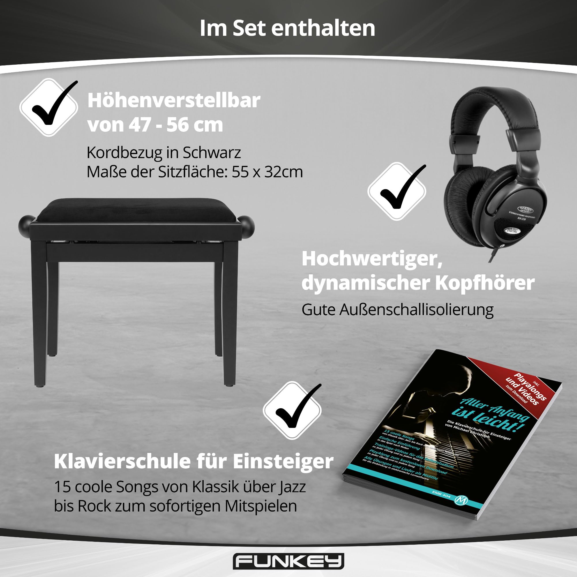FunKey DP-1088 SM Pianoforte digitale sottile Set - 88 tasti sensibili alla velocità e 3 pedali - 20 suoni - Altoparlanti stereo integrati e comprensivo di banco e cuffie - Finitura nera opaca