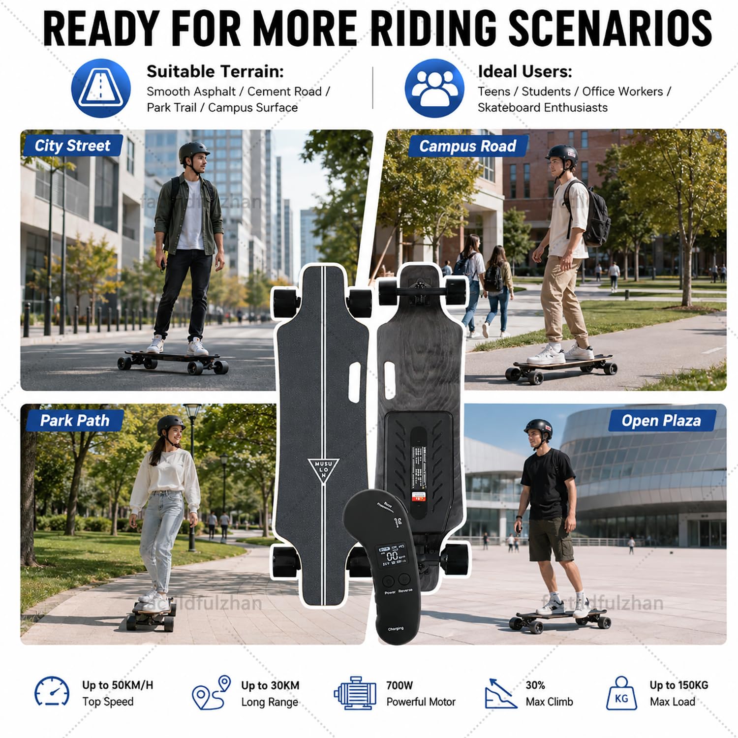Elektro Longboard, Neues Elektrisches Skateboard mit LCD Remote, Dual Drive Output, 150 kg Belastung, 83 x 21 cm Ahorn-Deck, PU-Rollen, tragbares Board für Park und Campus B30km