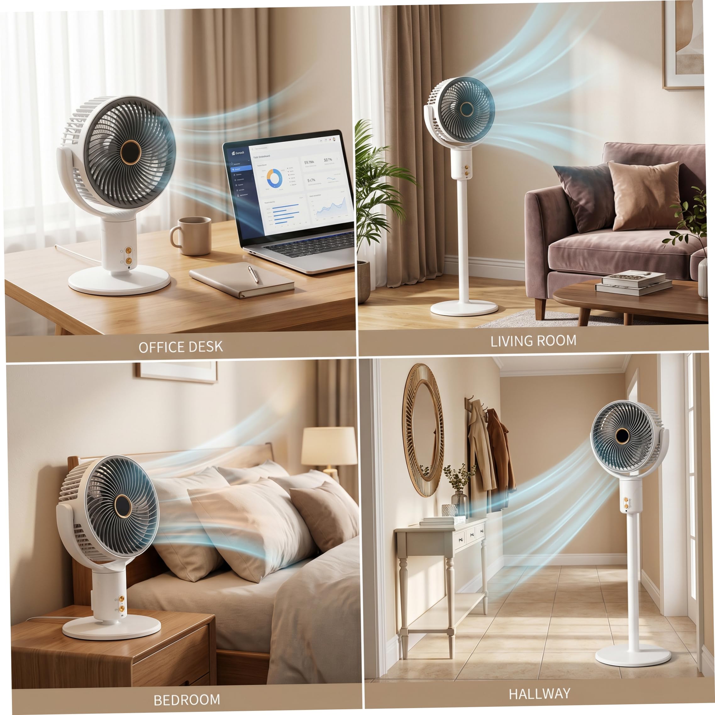 Ventilatore Pieghevole, Ventilatore da Terra Portatile, ventole oscillanti silenziose Senza Fili con Altezza Regolabile, utilizzo su scrivania e Pavimento, Bianco