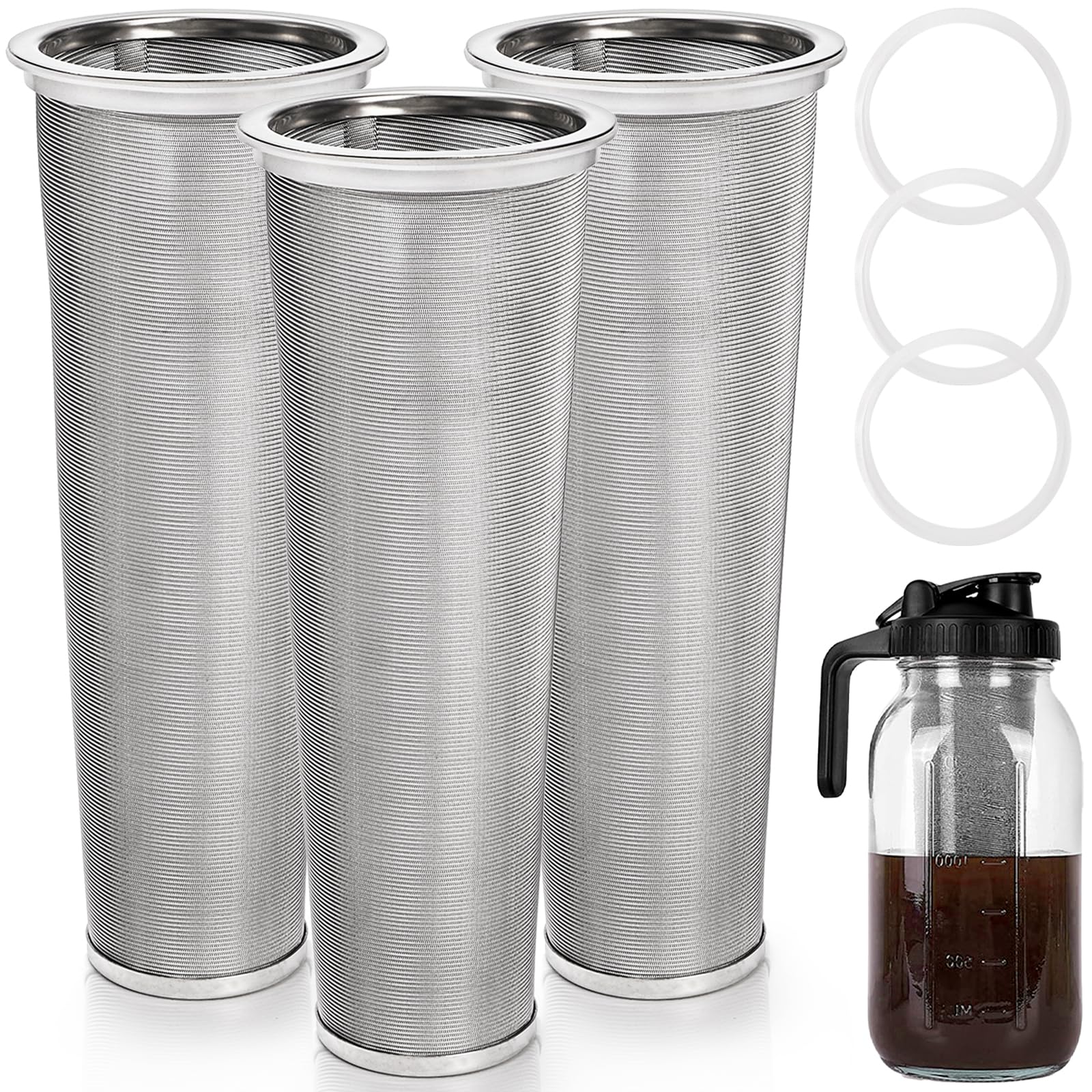 Goaste 3 Pack Cold Brew Coffee Filter for 64oz Wide Mouth Mason Jar, 304 Stainless Steel Strainer with Seal Ring, Coffee Tea Infuser for Iced Coffee, Lemonade, Fruit Drinks (Mason Jar Not Included)