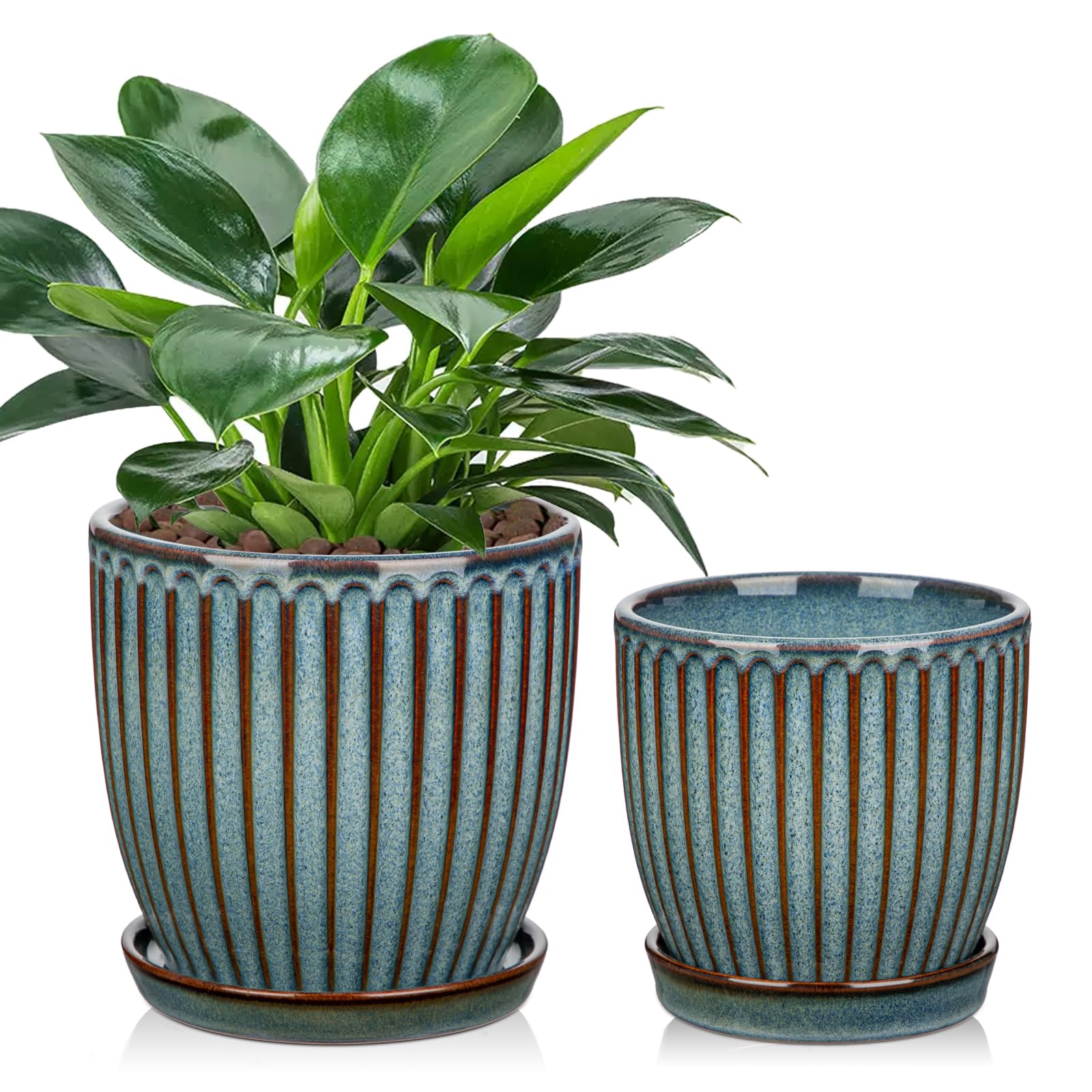 Navaris Set 2 Vasi In Ceramica Per Piante Grasse – Con Foro E Sottovaso, Verde, 11 E 17 Cm