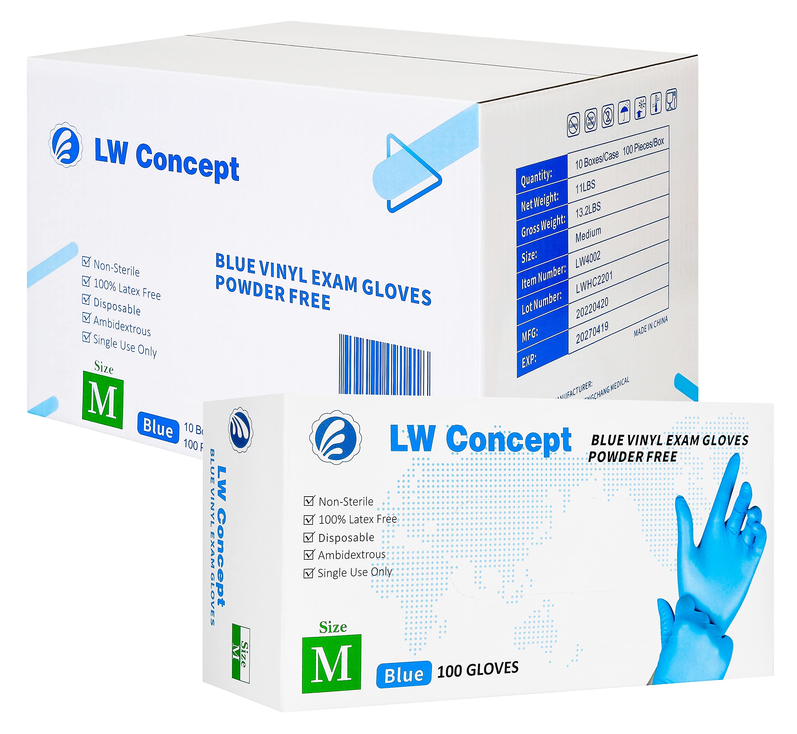 Blue Vinyl Exam Gloves for Medical/Food Safe/Cleaning/Handling Use Multipurpose Latex & Powder Free, 4.5 mil (LW4002, Medium)