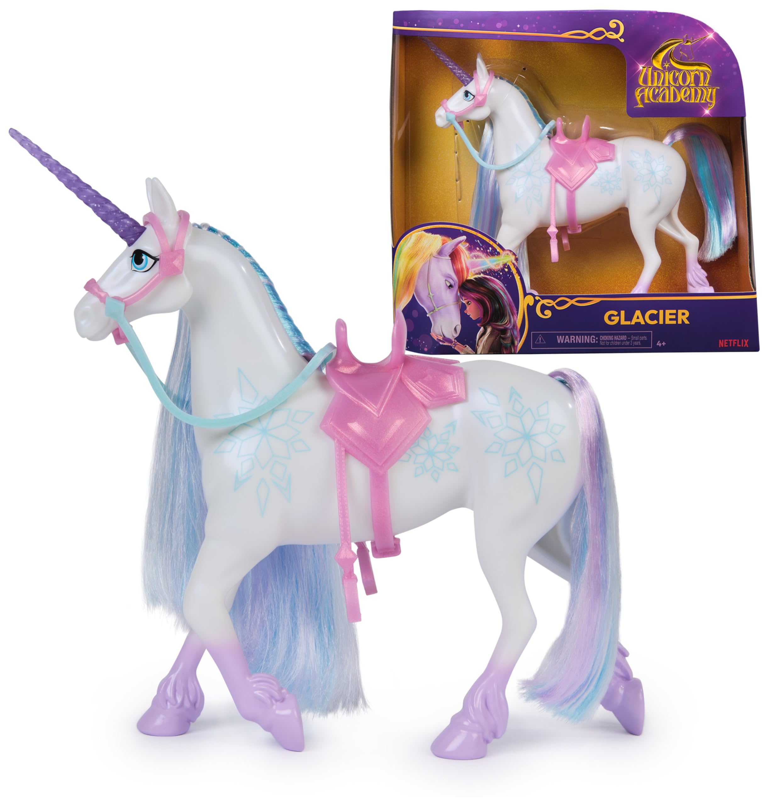 Unicorn Academy Einhorn Glacier – ca. 28 cm großes Einhorn von Layla zur beliebten Netflix-Serie, 2 Reitzubehörteilen und abnehmbarem Zaumzeug für realistisches Rollenspiel, ab 4 Jahren