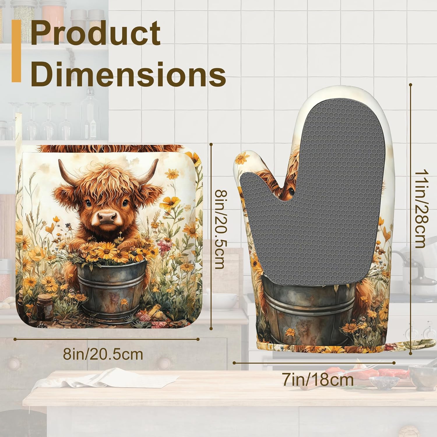 Highland Cow Oven Mitts and Pot Holders Sets of 4, Heat Resistant Cow Sunflower Silicone Oven Mitts Gloves Non-Slip Kitchen Mittens Potholders for Cooking Baking Grilling BBQ