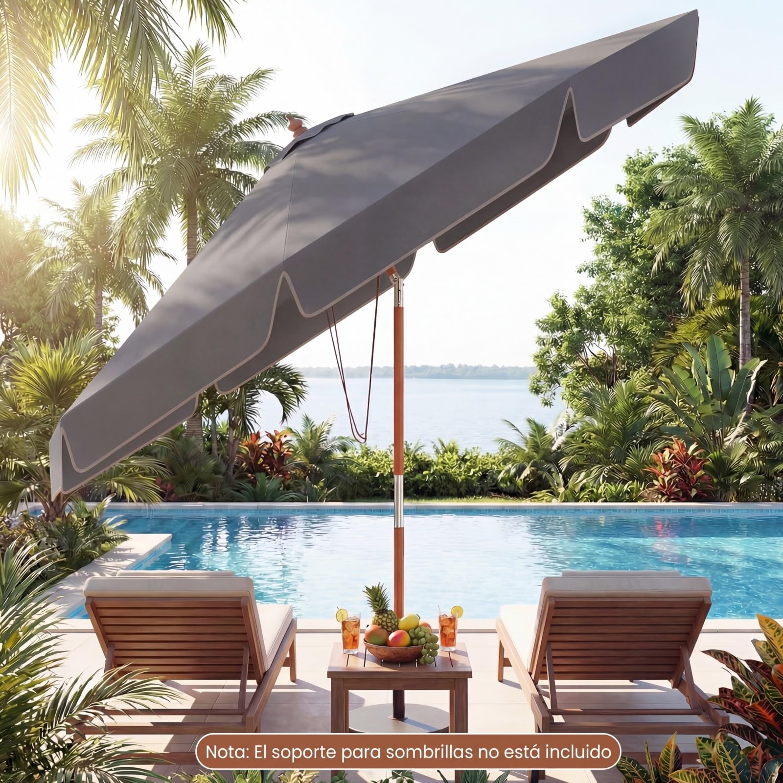 COSTWAY Sombrilla Terraza Exterior 300 cm, Parasol Jardin con Inclinación 30° en Ambos Lados, Mango de Madera, Parte Superior Ventilada, 8 Varillas, Sombrilla de Patio Jardín Playa Piscina