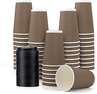 Fasmov 80 Pack 16 oz Disposable Double Walled Hot Cups with Lids, Coffee Cups, No Sleeves needed Insulated Ripple Wall Hot Coffee Tea Chocolate Drinks, Brown