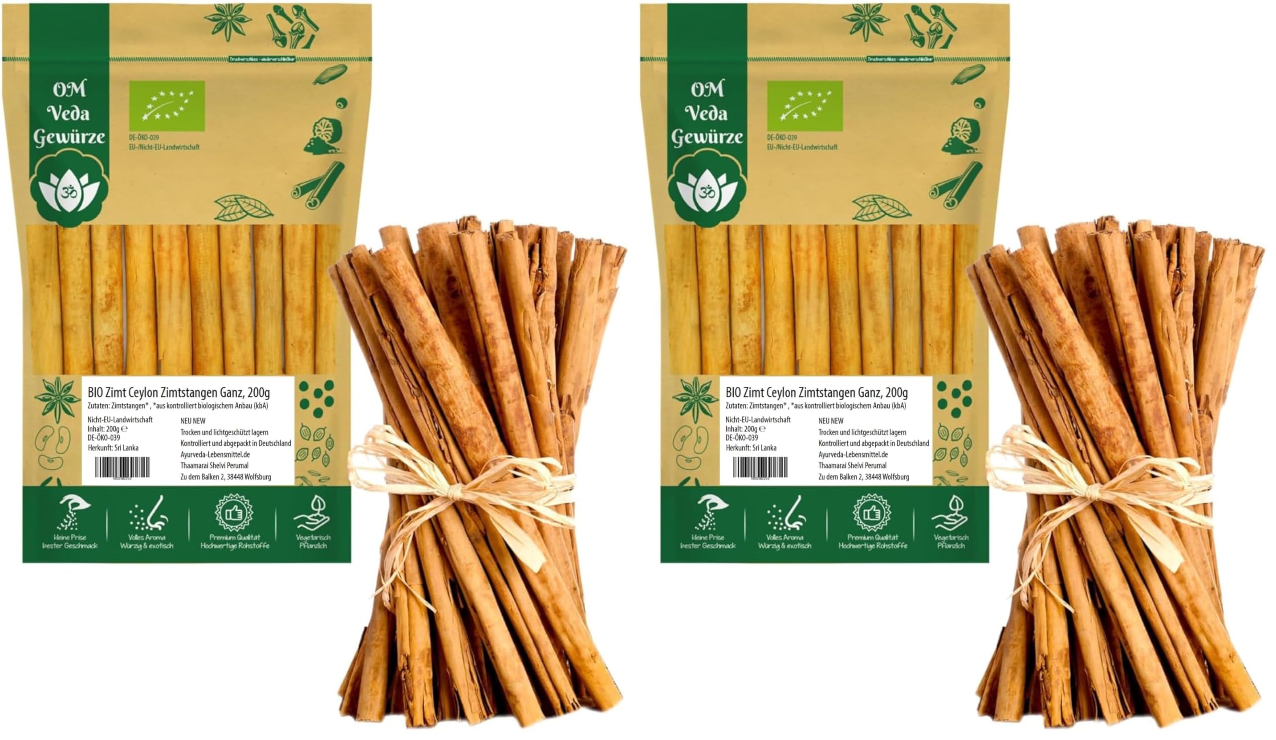 BIO Zimt Ceylon Zimtstangen Ganz, Echter Zimt aus Sri Lanka, Bio-zertifiziert, für Küche und Tee (200g) (Packung mit 2)