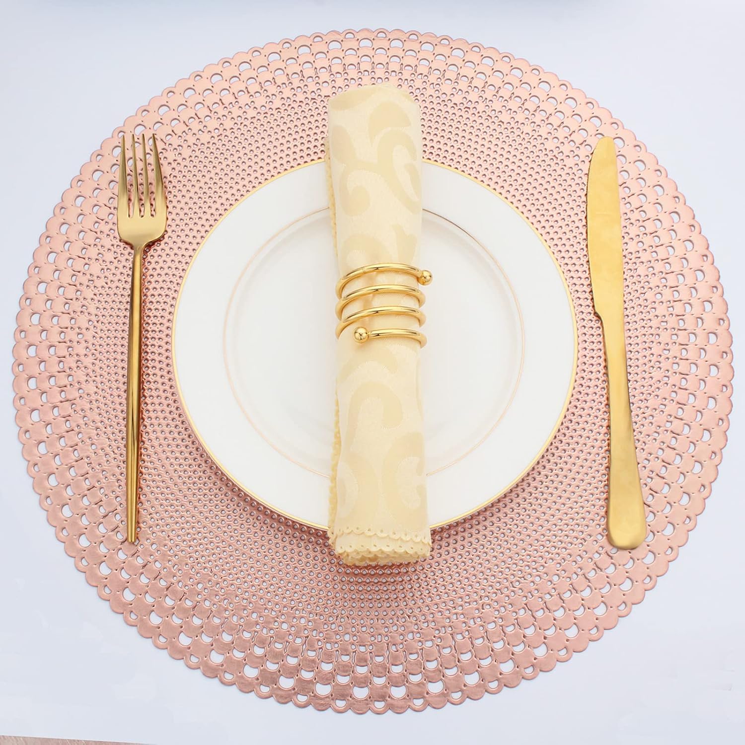 Evevda Gold Round Placemats for Dinner Table Set of 6 No-Slip Wipeable Flower Pattern Table Mats Metallic Plastic Vinyl Place Mats for Anniversary Daily Use Daily Use(Dia:15inch/38cm) : Home & Kitchen