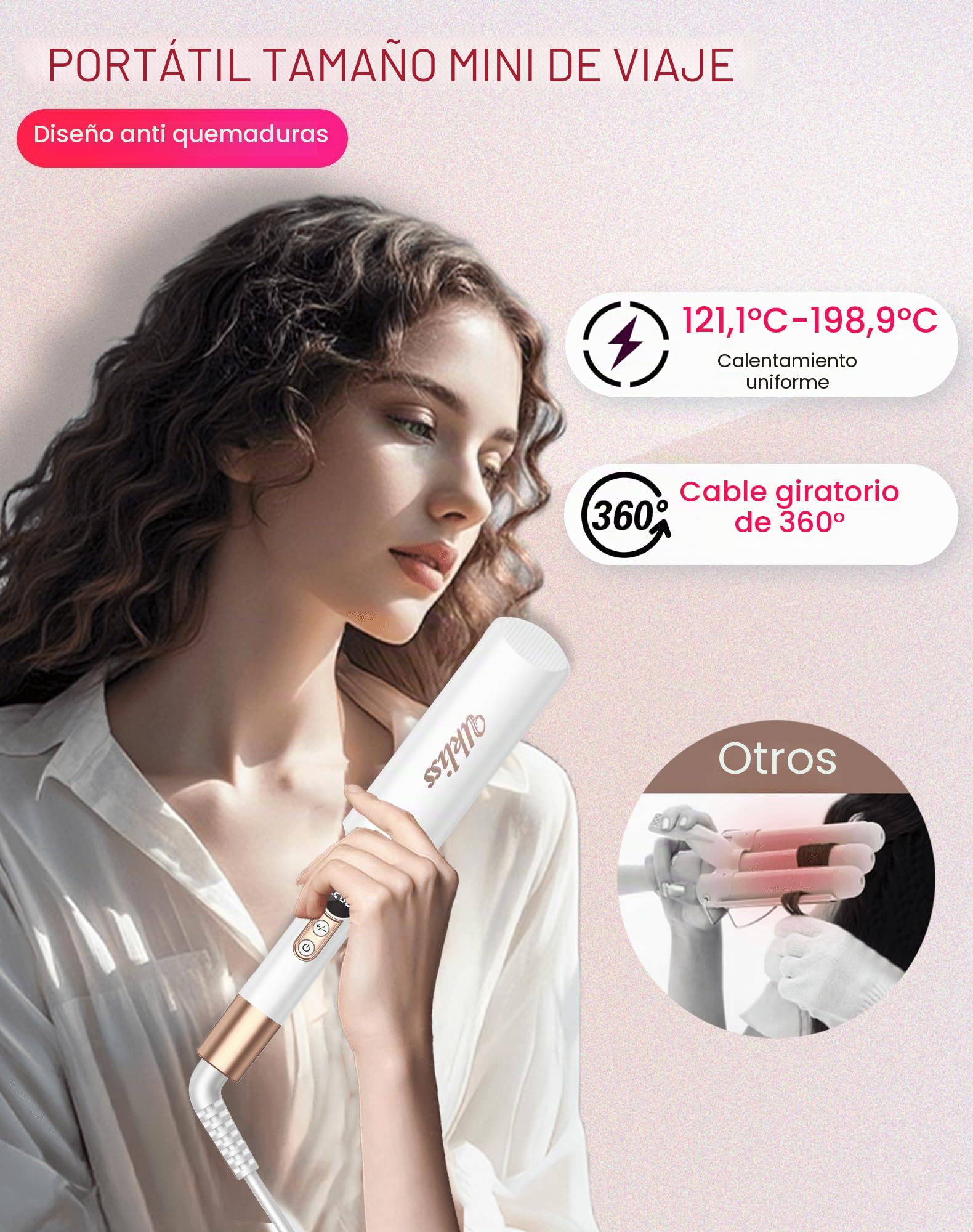 UKLISS Plancha ondulada, mini plancha ondulada para el cabello, pantalla LCD, 120 – 210 ℃, tamaño de viaje Beach Waves Rizador de pelo de sirena para ondulaciones de pelo, rizador de ondas ligeras