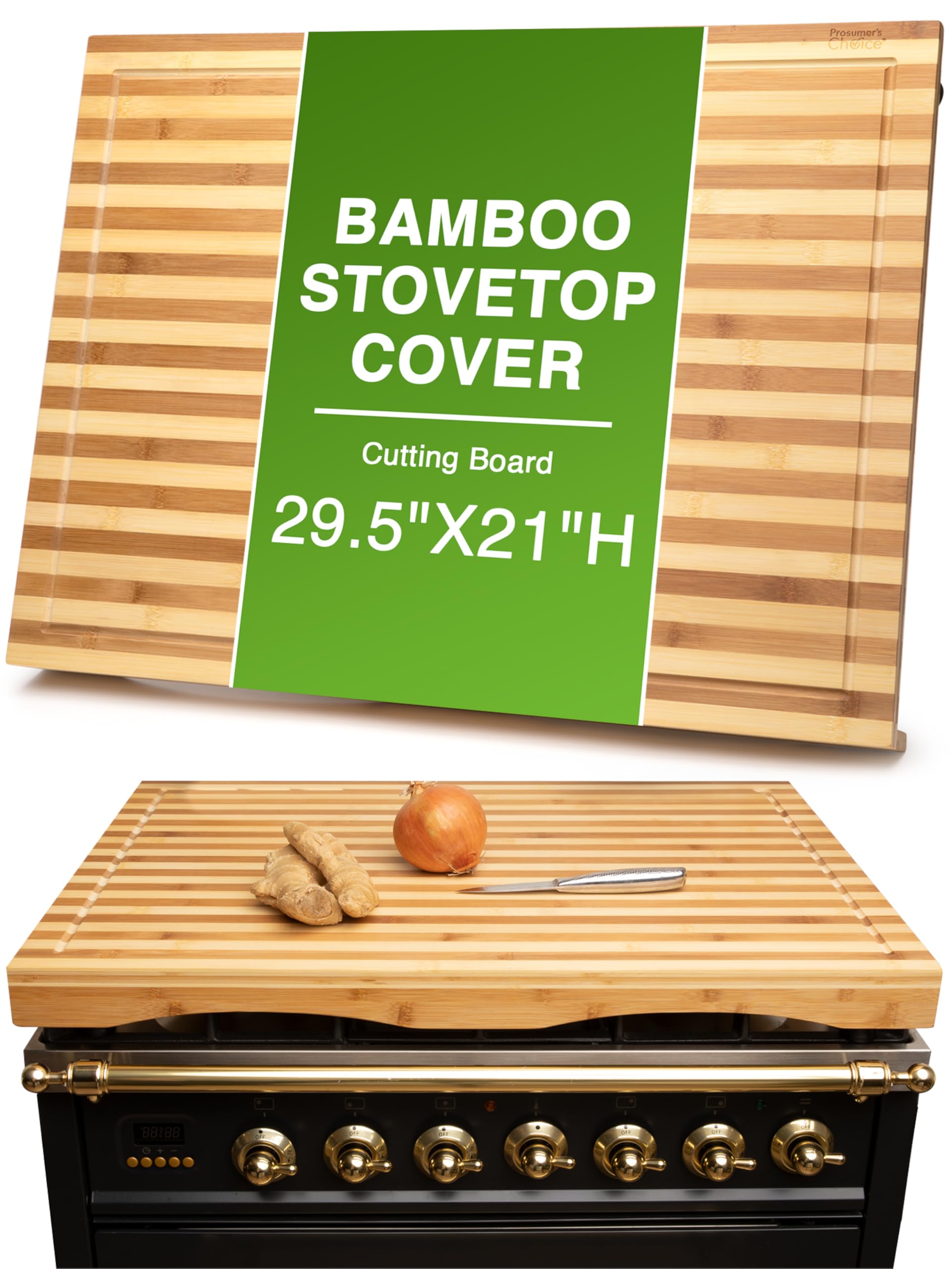 Prosumer's ChoiceStovetop Cover Bamboo Cutting Board | Premium, Sustainable, Expands Kitchen Space, Easy to Clean - with Adjustable Legs and Juice Grooves - Large - 29.5"L x 3.5"W x 21"HThe Forest Stewardship Council