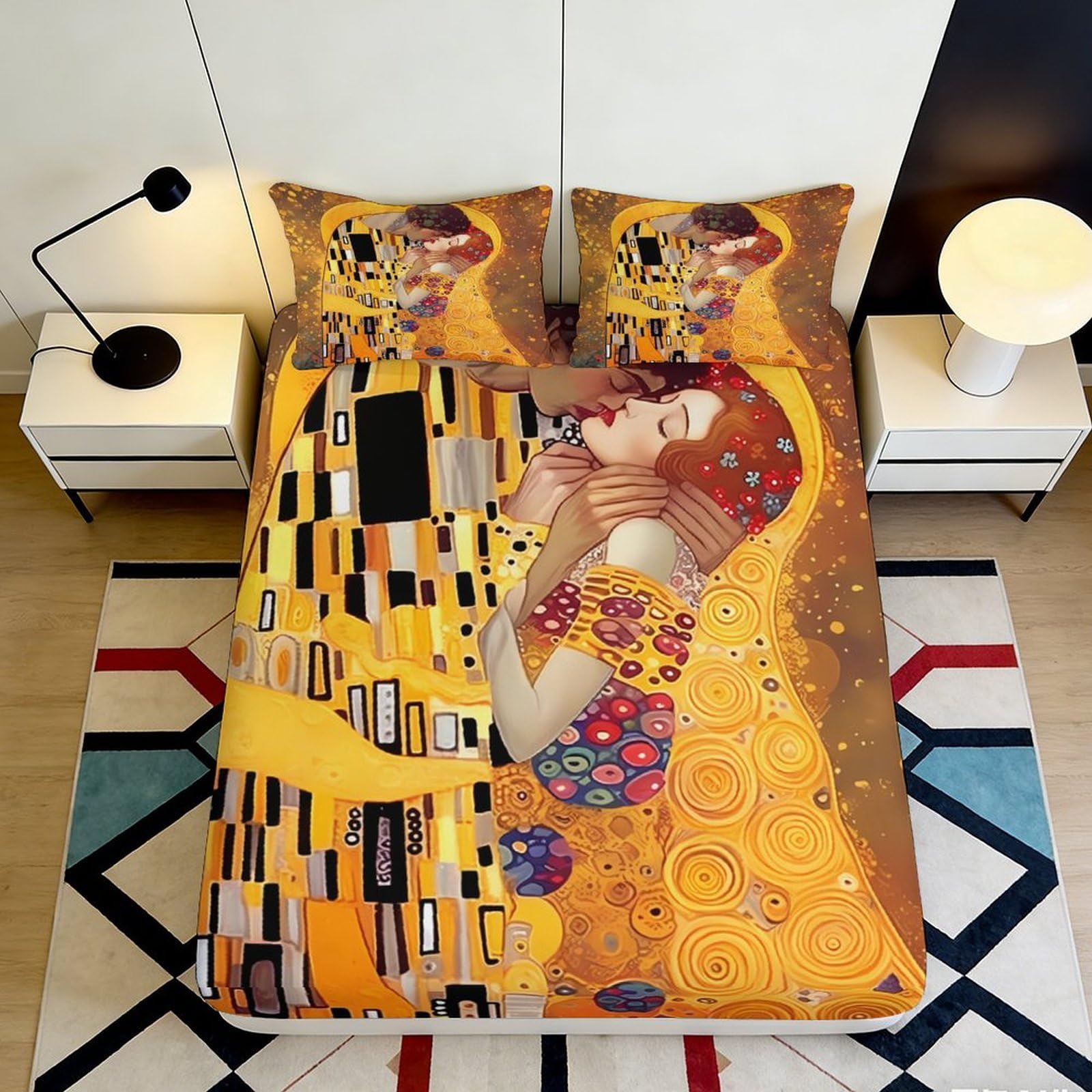 3D Printed Gustav Klimt Kiss Fitted Sheet Microfiber Non-Slip Artistic Bed Cover for Bedroom Dorm Mattress Protection 90x200x25cm