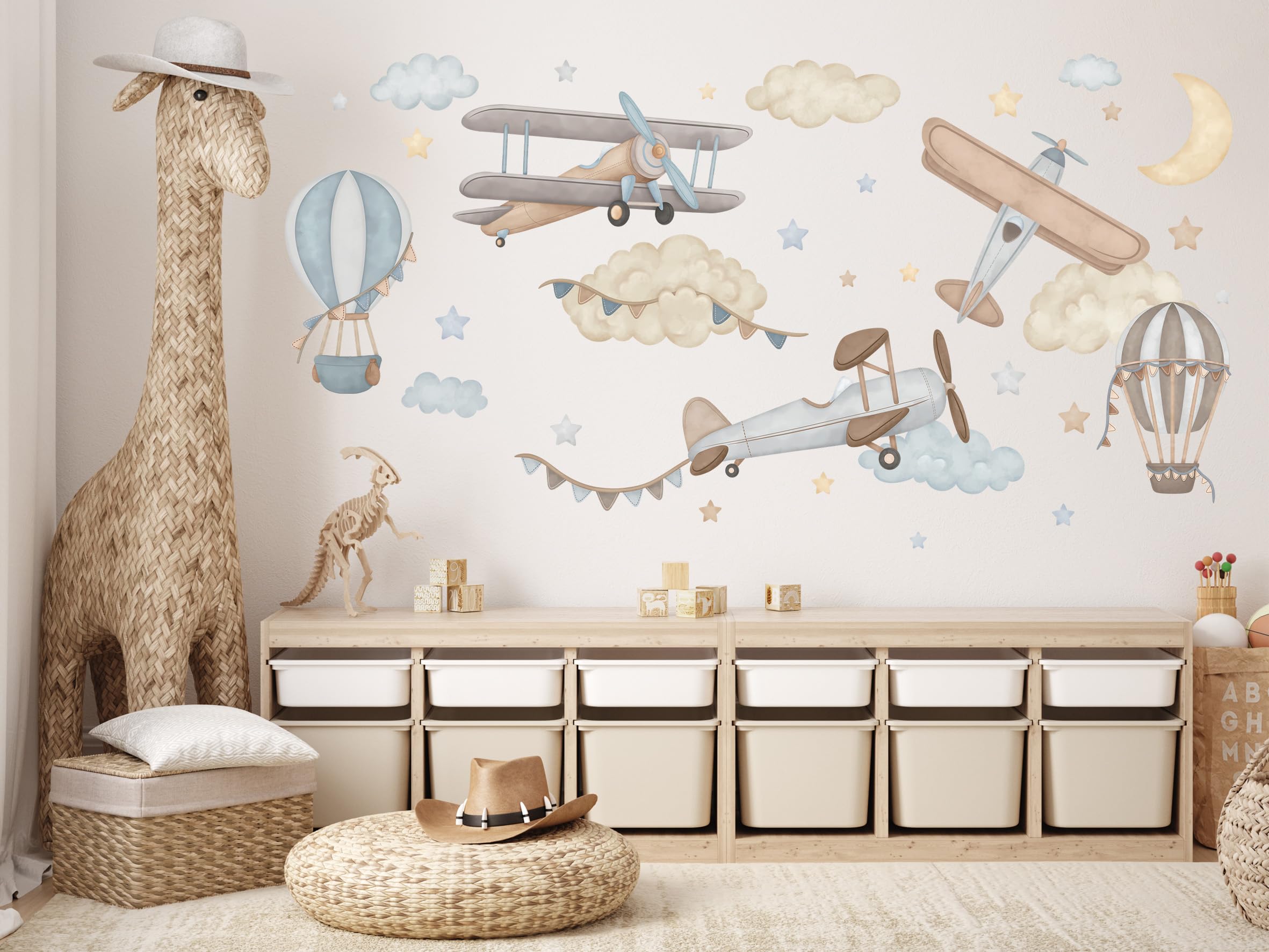 Vinilos Infantiles - Vinilos Decorativos - No Tóxicos, Seguros - Decoración Dormitorio - Aviones, globos, estrellas, nubes, azul - L - 34pzs