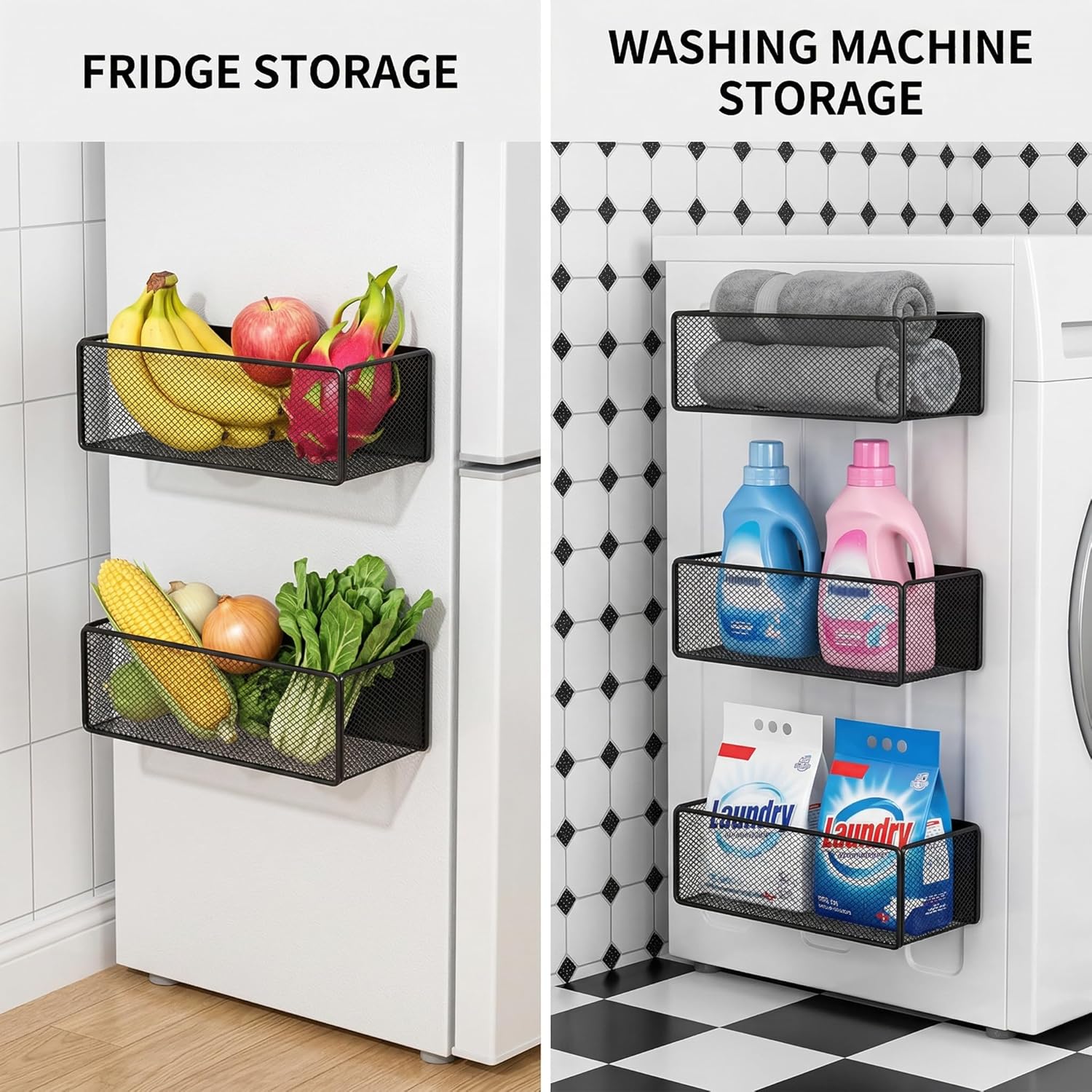 2 Pack Magnetic Shelf for Washing Machine, Laundry Room Organization and Storage accessories, Magnetic Spice Racks for Refrigerator ,Metal Storage Baskets for Laundry ,Kitchen,Room Shelves(Black)