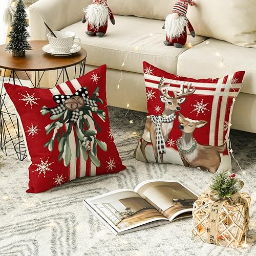 Miniatura 4 de AVOIN colorlife Juego de 4 fundas de almohada rojas con diseño de árbol de Navidad, reno, camión, rayas, 20 x 20 pulgadas, decoración de fundas de