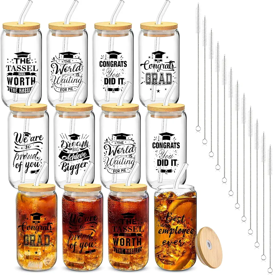 12 Set Graduation Gifts for Her Him Graduation Drinking Glass Cups The Tassel was Worth The Hassle 16 oz Glass Cup with Lid Straw for Women Men College High School Master Degree