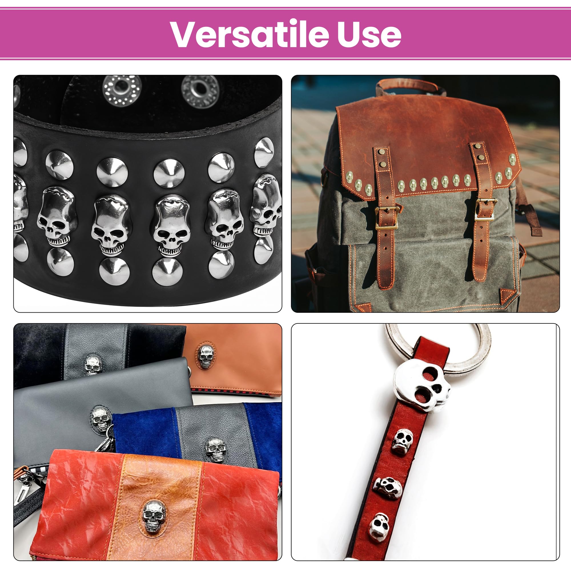 WedDecor 9 mm x 15 mm, 400 piezas de tachuelas de calavera con pines y troqueles de fijación con kit de almacenamiento, kit compatible con máquina verde para cuero, ropa, chaquetas, zapatos, bolsas y