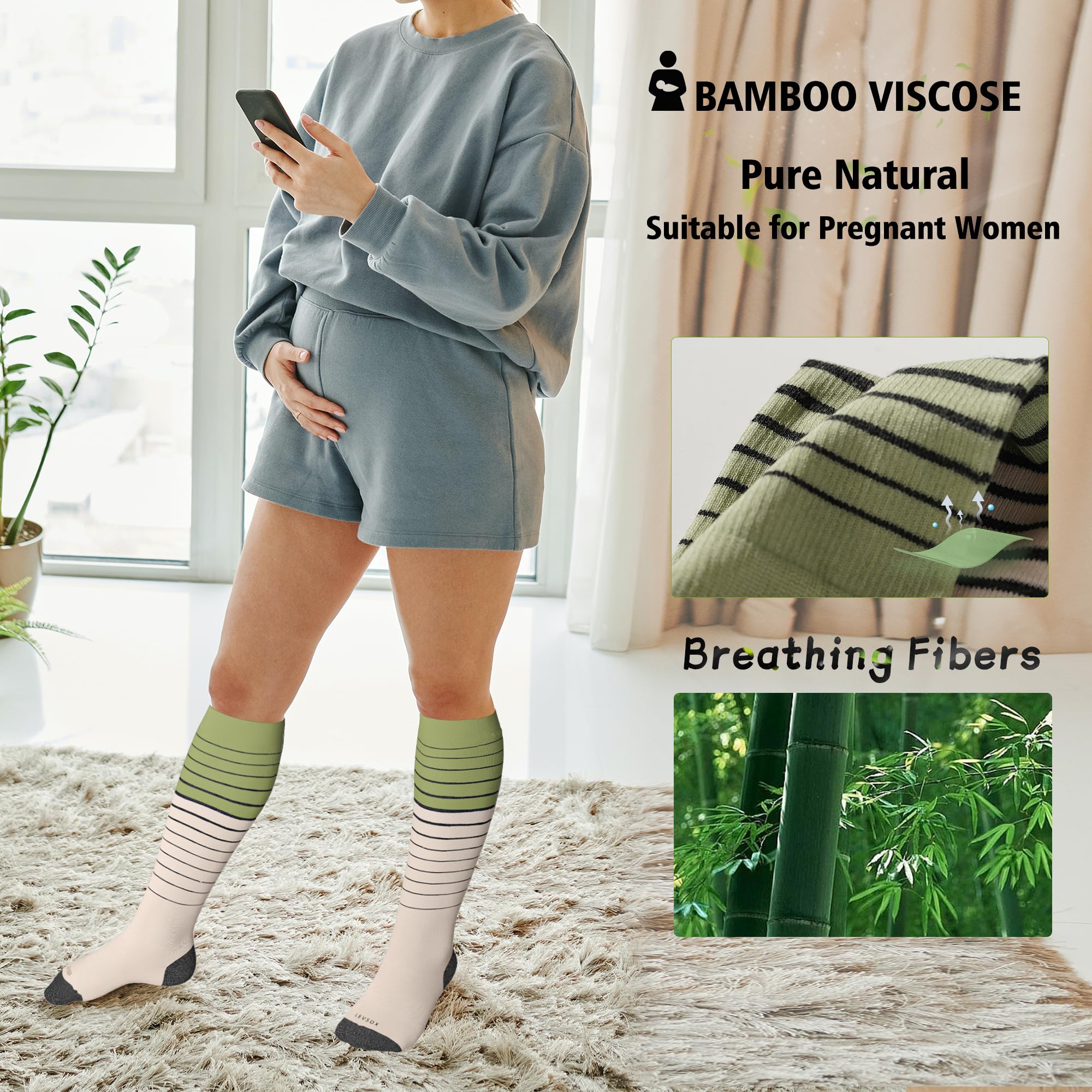 LEVSOX Calcetines de compresión de viscosa para mujeres y hombres, 20-30 mmHg, hasta la rodilla, bonitos calcetines de apoyo para enfermeras, embarazadas, viajes
