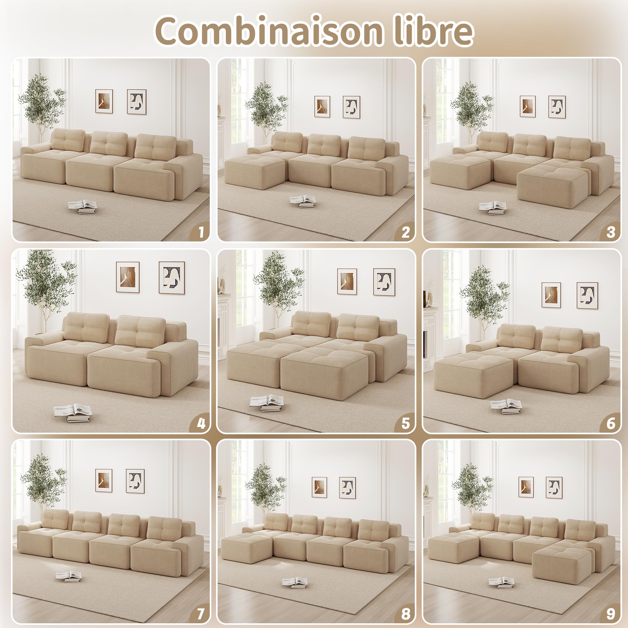 Canapé d'angle convertible, 204 cm Canapé 2 places en L, compressible canapé modulable Cloud avec assise profonde, canapé confortable et librement combinable pour le salon, velours côtelé, Beige