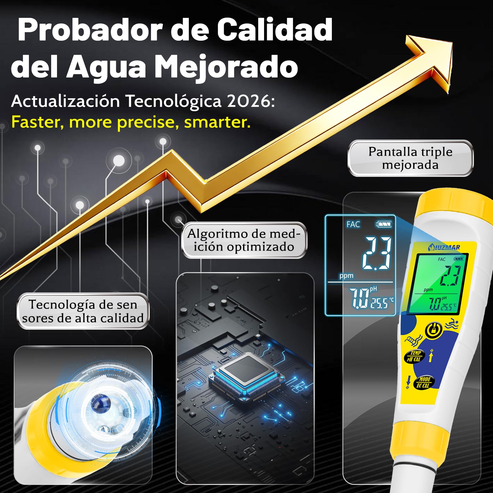 Medidor pH Cloro para Piscinas, Medidor Sal pH Agua Salada 7 en 1 con Temperatura y Salinidad