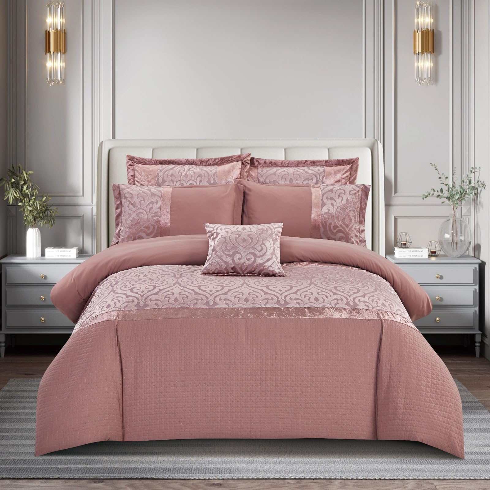 Best Linen Duvet Cover Sets 3 Pcs Jacquard Velvet Quilt Cover Soft Hypoallergenic Bedding Set with 2 Pillow Cases (Infinity Pink, King)