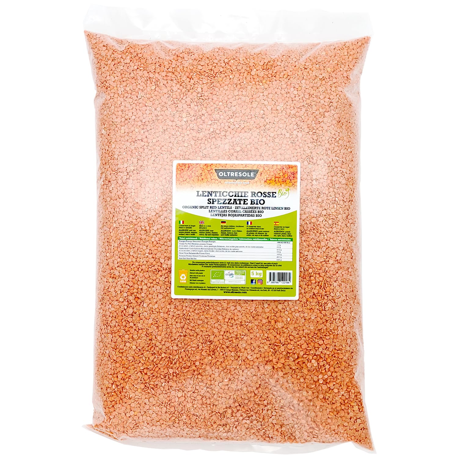 Oltresole, Lentilles rouges fendues biologiques 5 Kg, Légumineuses séchées biologiques, décortiquées et fendues, pas de trempage nécessaire, source de protéines et de fibres, format pratique
