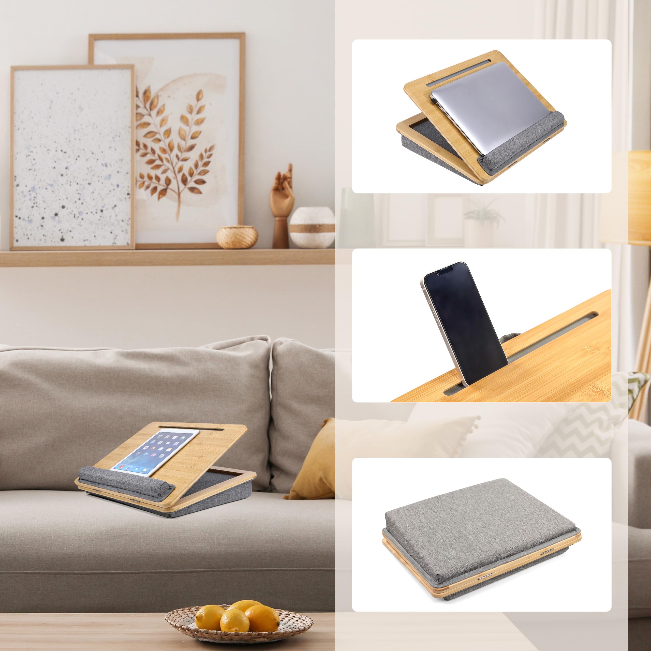 hjh OFFICE Laptopunterlage COMFILAP III Bambus Laptopkissen 4-Fach verstellbar, Knietablett mit Handauflage, Geräte bis 21 Zoll, Grau
