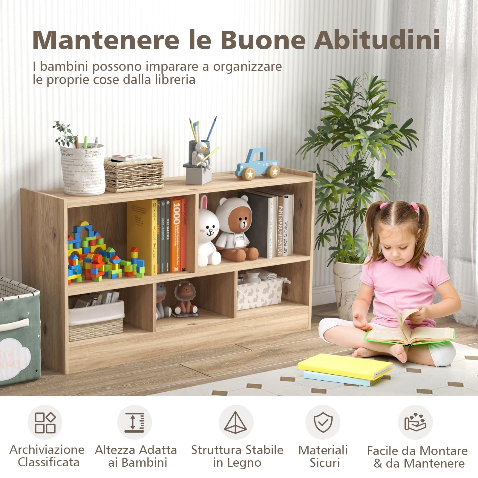 GYMAX Libreria Bassa in Legno, 2 Livelli, 5 Scomparti, Deposito Classificato, Ideale per Soggiorno, Studio ed Ufficio, Stile Moderno, 112 x 30,5 x 61 cm (Naturale)
