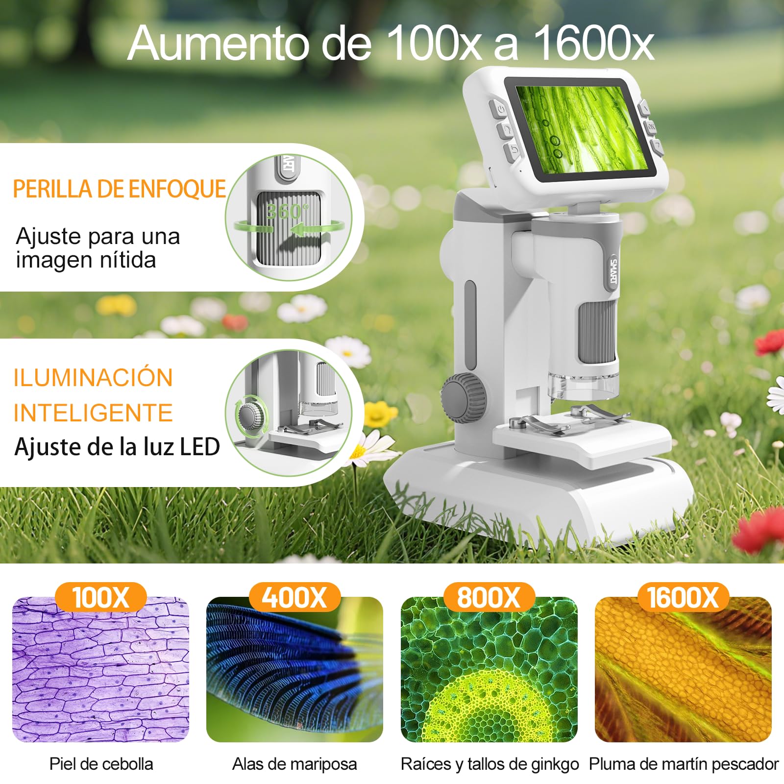 PYRDOUM Microscopio para Niños Aumento 1600X, 4" LCD Microscopio Portátil Niños, Microscopios Digital Infantil con Tarjeta de Memoria de 32G, Fotos y Videos, Función Portátil y Fija