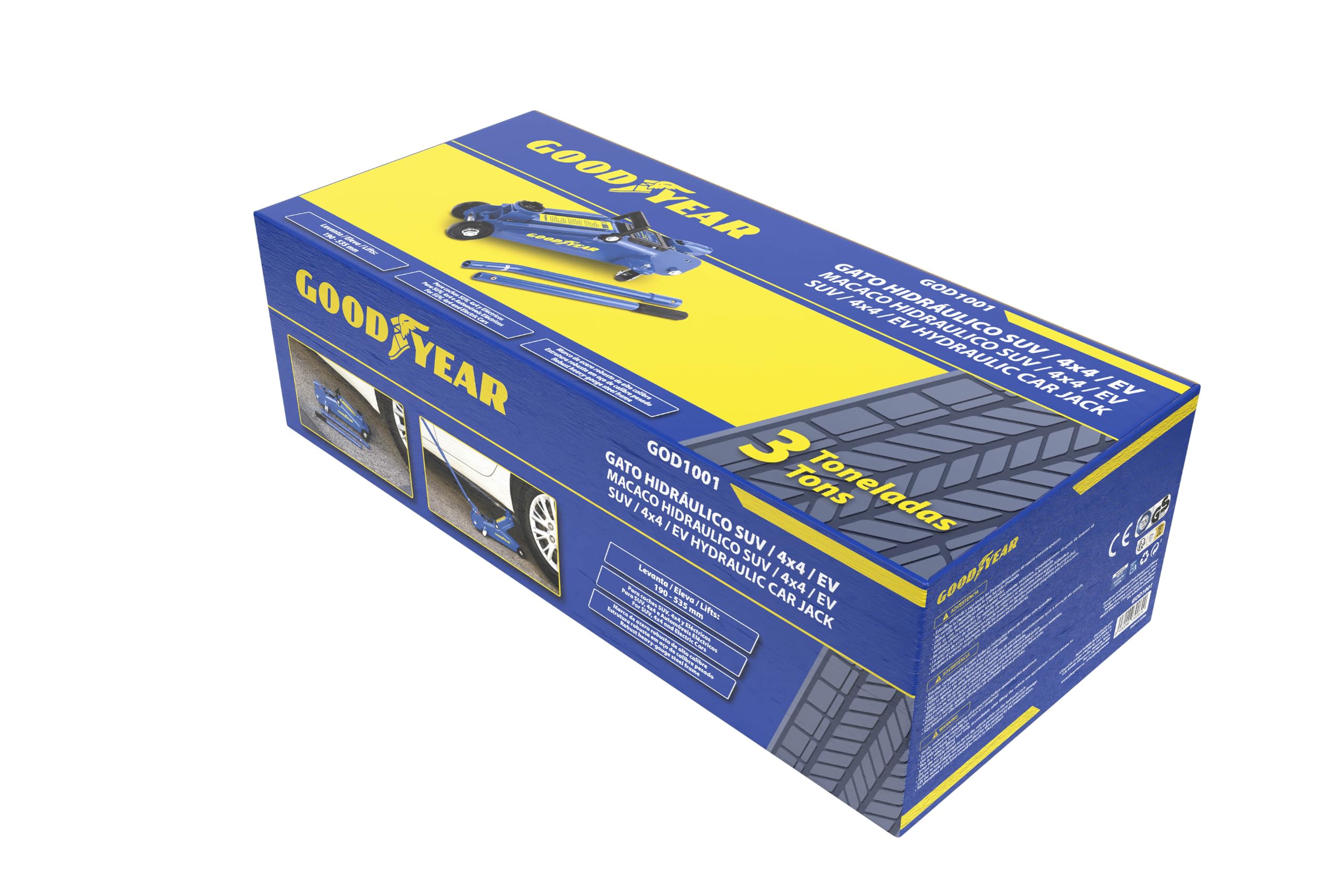 Goodyear Gato Hidráulico de Carretilla 3 Toneladas, Elevación de 190 a 535 mm. para SUV 4x4 y Coches Eléctricos Acero Reforzado Homolog. TÜV SÜD GS