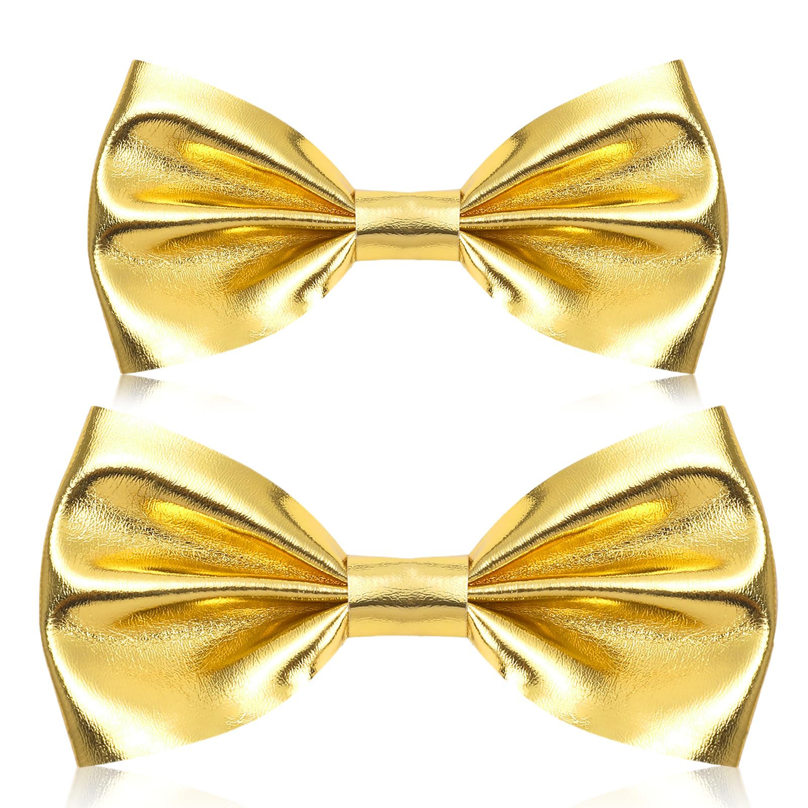 Neptniopllab Shiny Leather Bow Tie for Men Big Kid Glossy Metallic Pre-tied Bowtie for Teen Boy Girl Birthday Party (2*Gold)