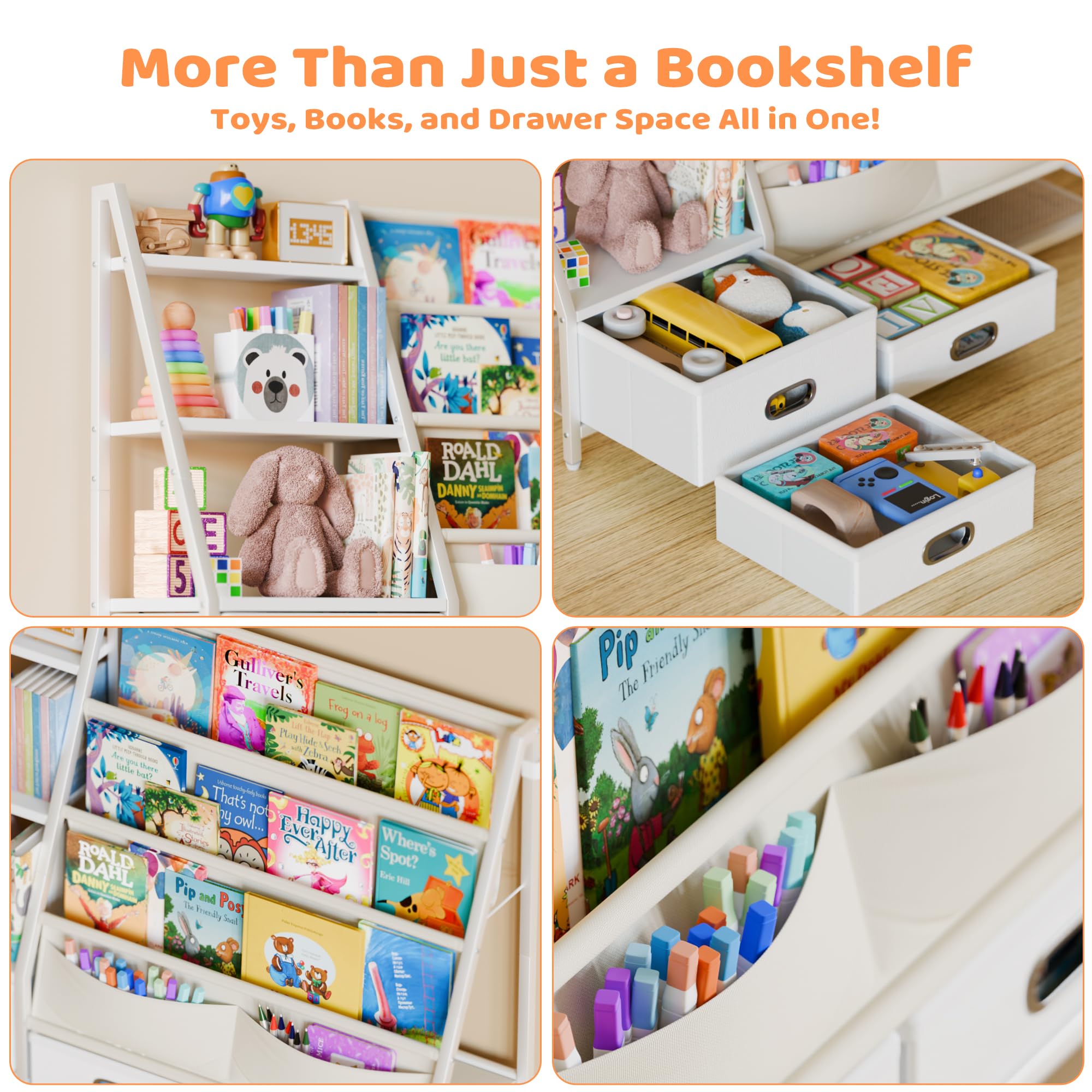 POZILAN 3-stöckiges Kinder-Bücherregal mit 3 Schubladen