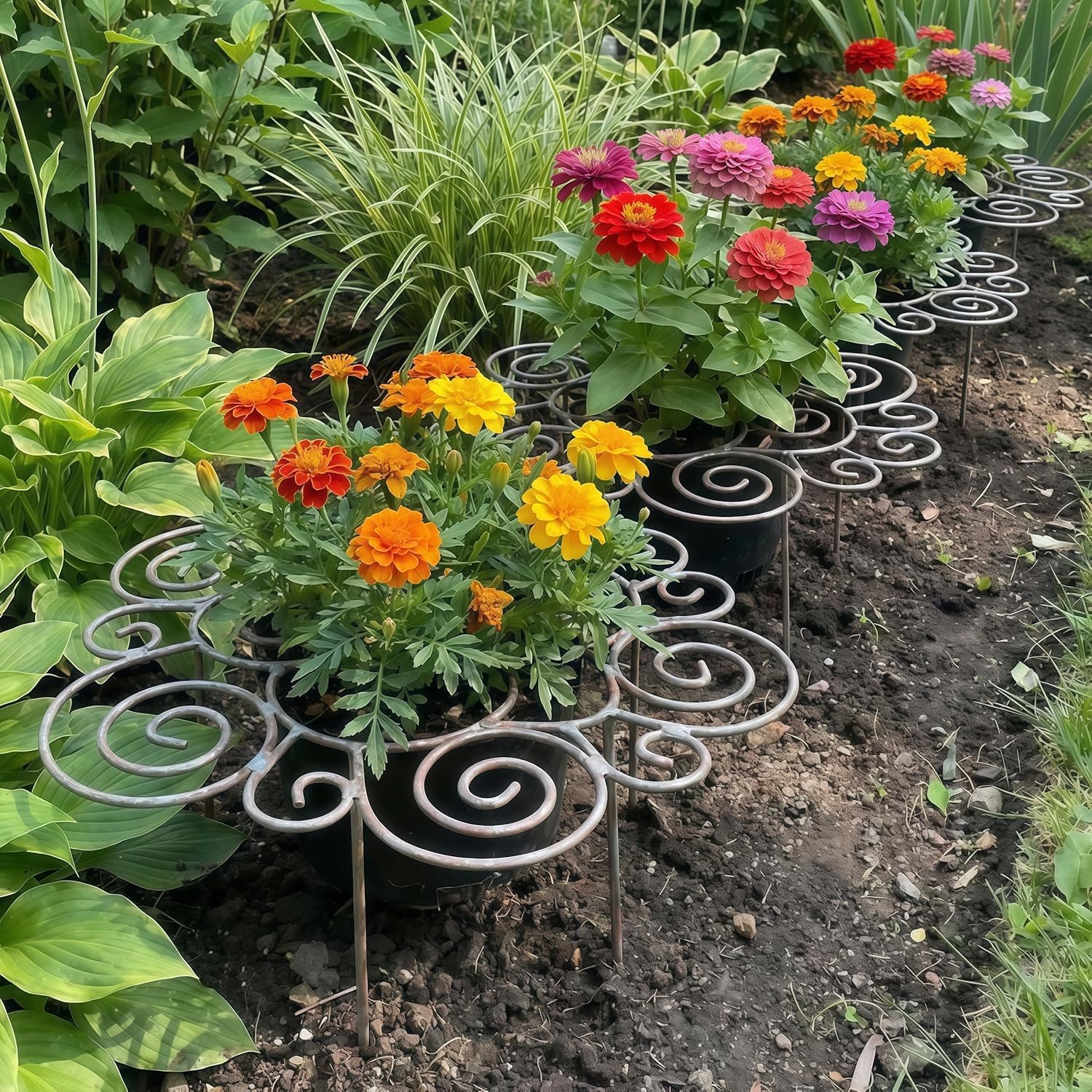 Anneau Support Plantes Métal Décoratif, Cage Fleurs Robustes Antirouille, Piquet Plante Empilable Croissance Traversante pour Pivoines Dahlias, Support Croissance Verticale (S(2PCS))