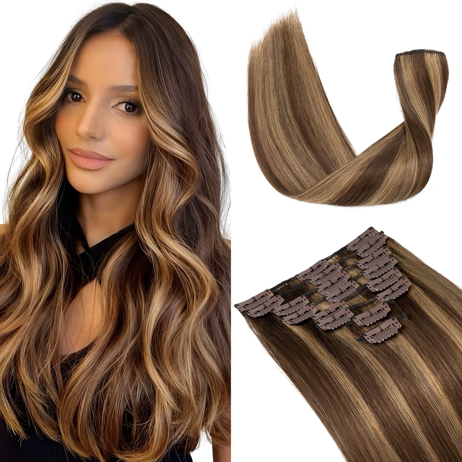 Elailite Clip in Hair Extensions Real Human Hair 8 Pieces (Thin Weft) Straight - #4/27 Medium Brown Mix Dark Blonde - 24 Inch (80 g)