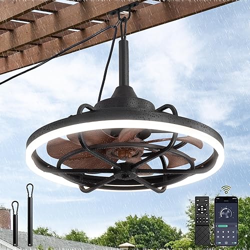 Fanbulous Outdoor Ceiling Fans with Light for Patios, 20" Weatherproof Plug in Ceiling Fan, Gazebo Fan Remote&APP Control, 3CCT Dimmable,Caged Ceiling Fan with Hanging Hook for Porch, Pergola,Canopy
