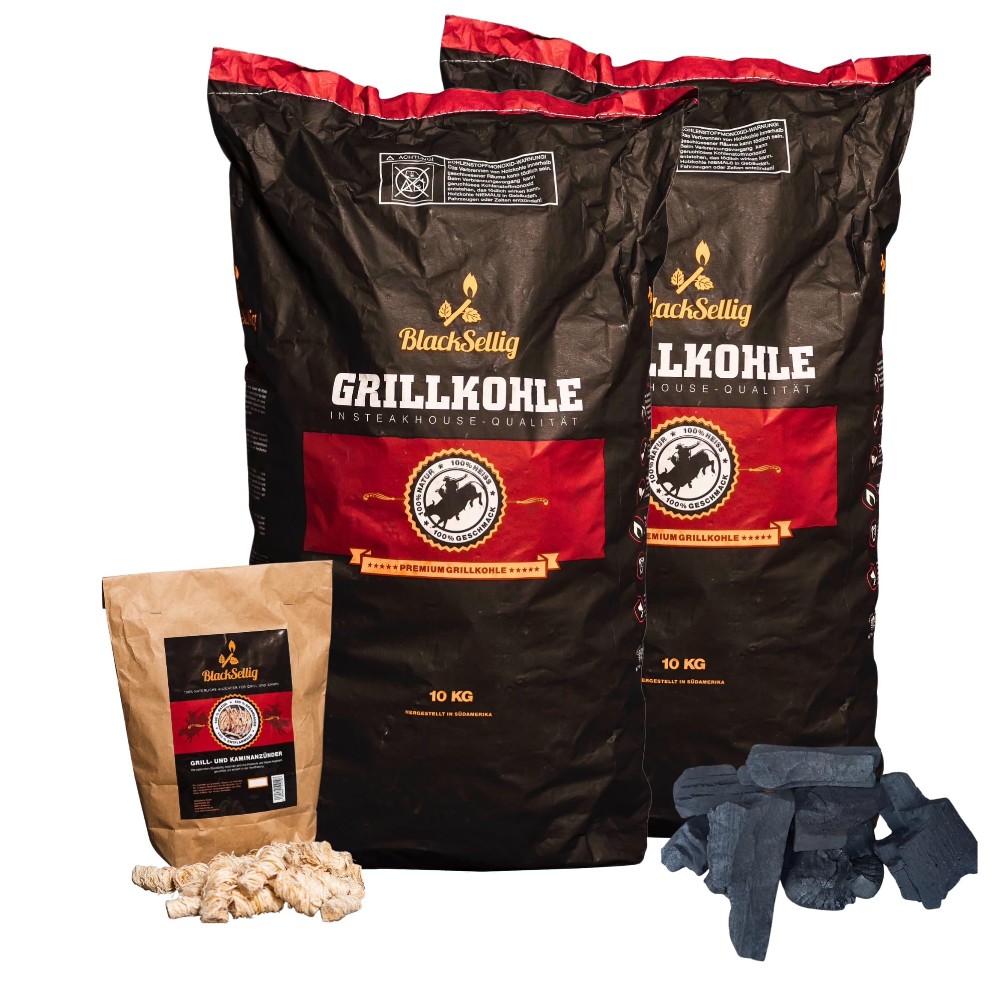 Steakhouse Grillkohle - Premium Quebracho Blanco Holzkohle | Lange Brenndauer | Hohe Hitze | Geringe Rauchentwicklung (20kg + 50 Anzünder)