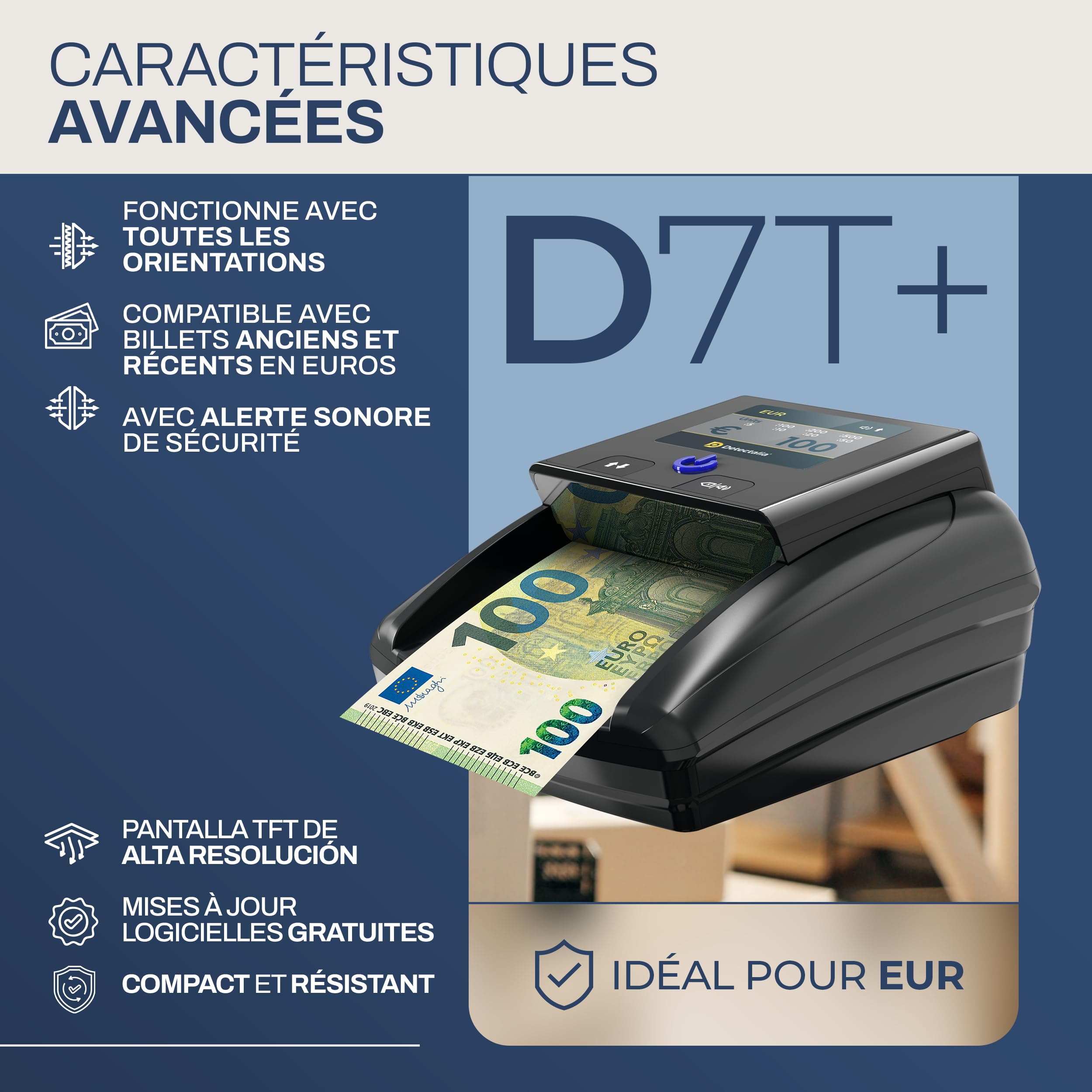 Detectalia D7T+ Détecteur de Faux Billets avec détection 100% et 5 systèmes de détection pour 3 devises EUR, GBP, USD et écran TFT
