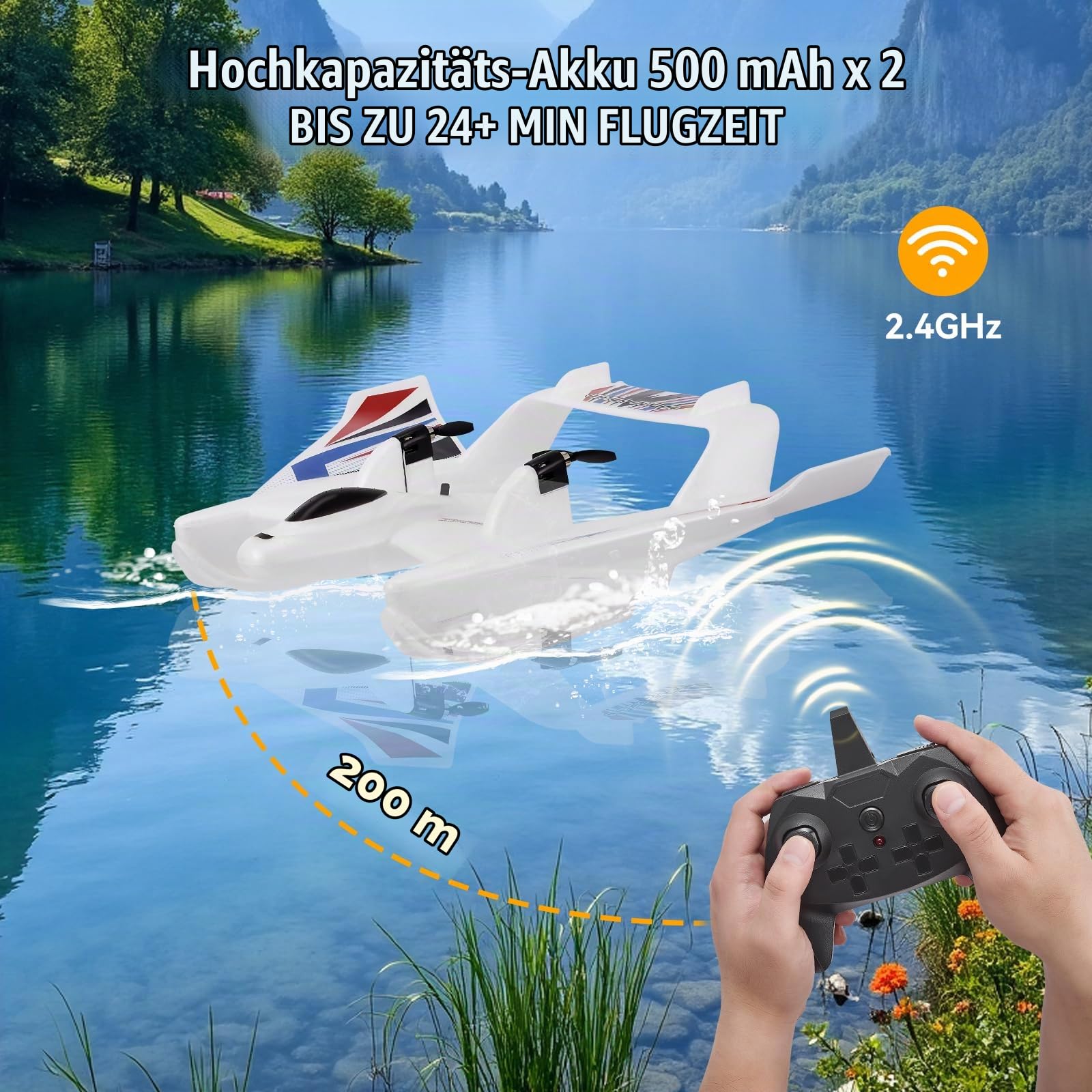2.4GHz 3CH RC Flugzeug, 3-in-1 Amphibien Modellflugzeug für Land, Wasser und Luft, mit 2 Akkus, EPP Material, Weiß