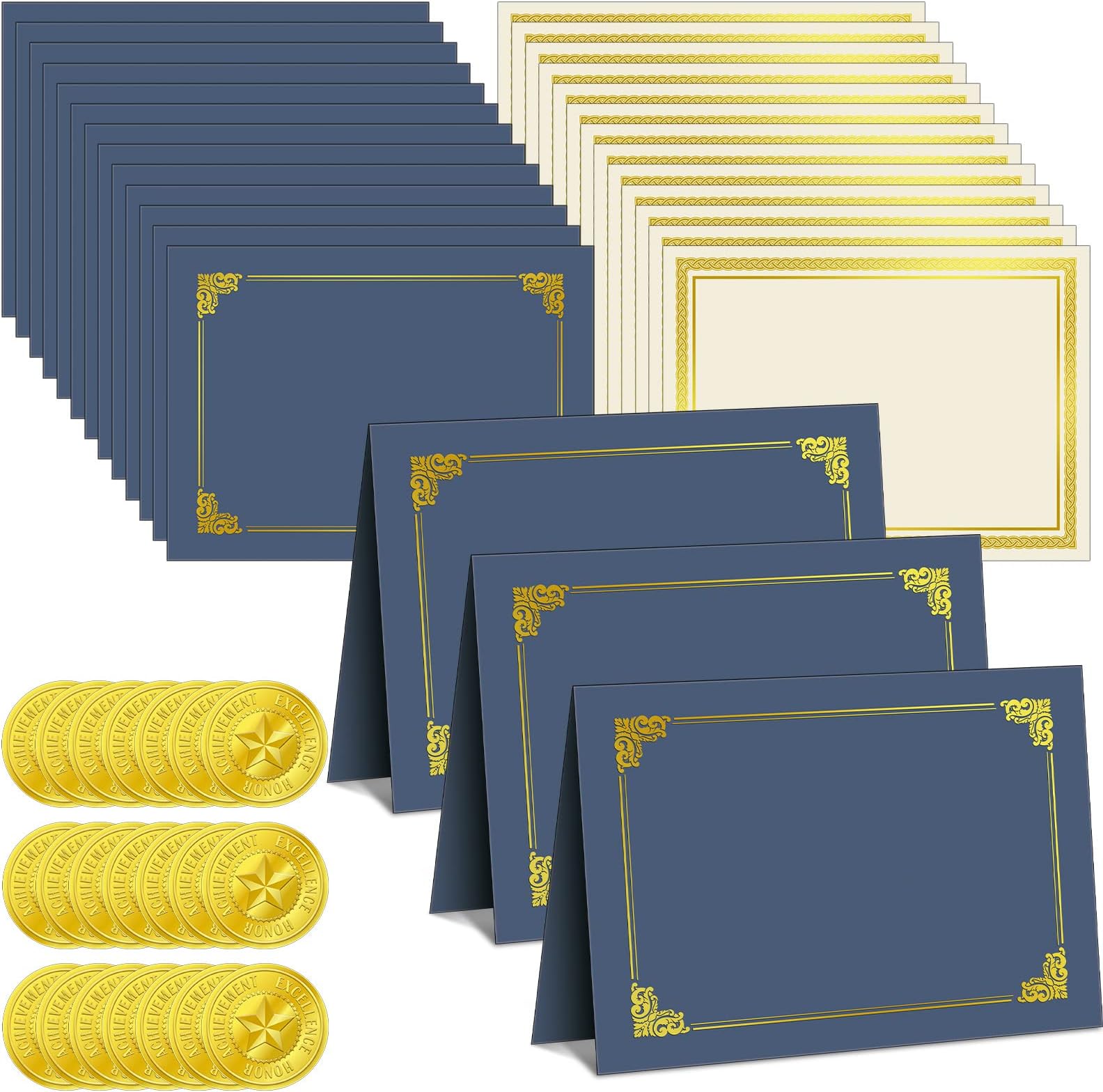 72 Pcs Certificate Kit Includes 24 Certificate Holders and 24 Papers 24 Foil Award Seals Stickers Diploma Covers Graduation Competition Supplies(Blue, Gold)