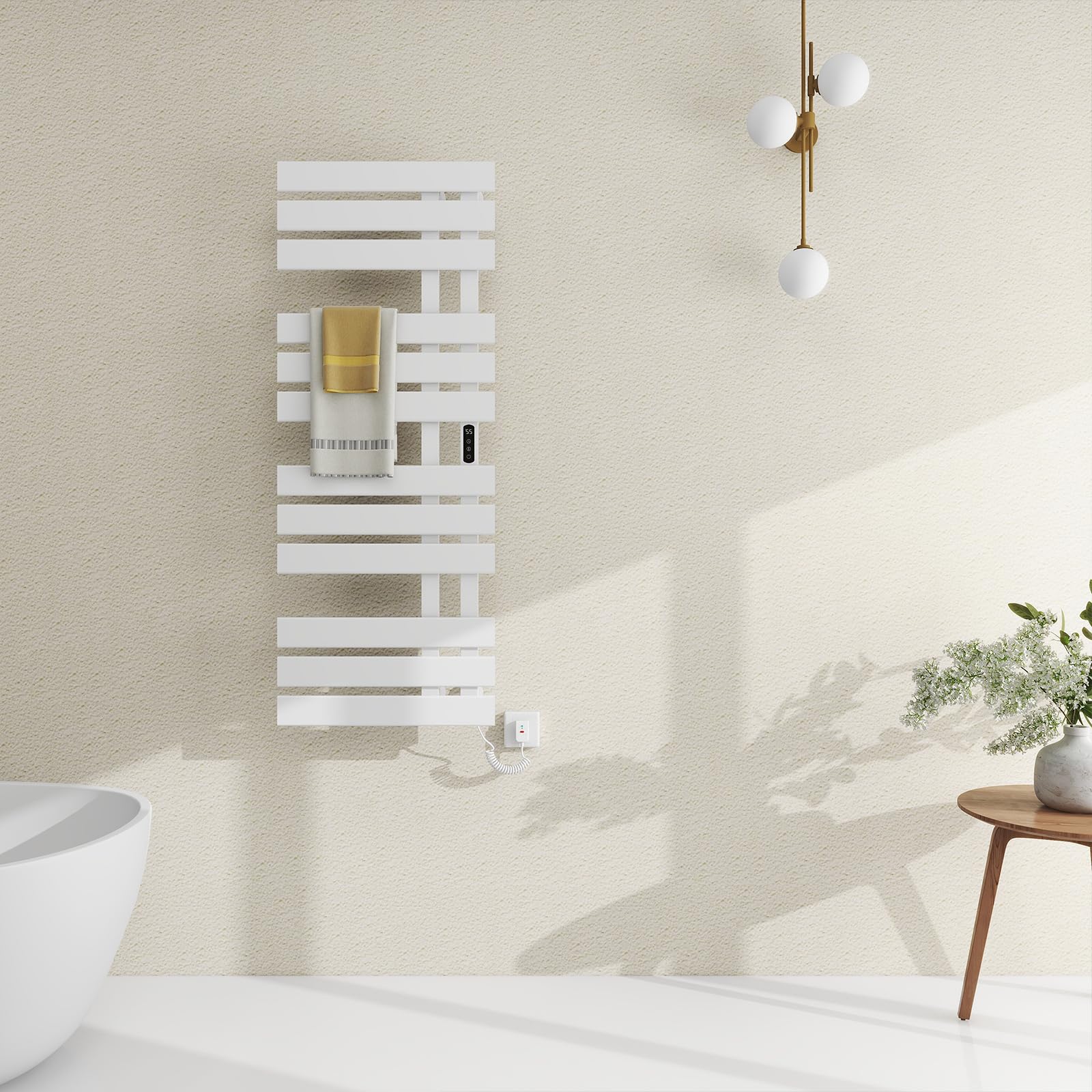 Toallero Baño Radiador, Toallero Electrico Baño Blanco WiFi, 500×1300mm, 450W, Calentador de toallas WiFi, para Alexa y Google Home y APP, Radiador Toallero Electrico, Ahorro energía-WiFi White Left