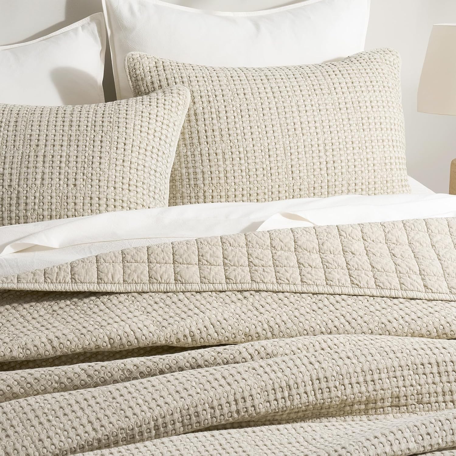 EVERGRACE Stonewashed 100% Natural Cotton Waffle Quilt Set Queen Size 3 Pieces, Durable, Textured & Substantial Bedding, Quilted Coverlet Bedspread with 2 Shams for All Seasons, Natural - Image 4