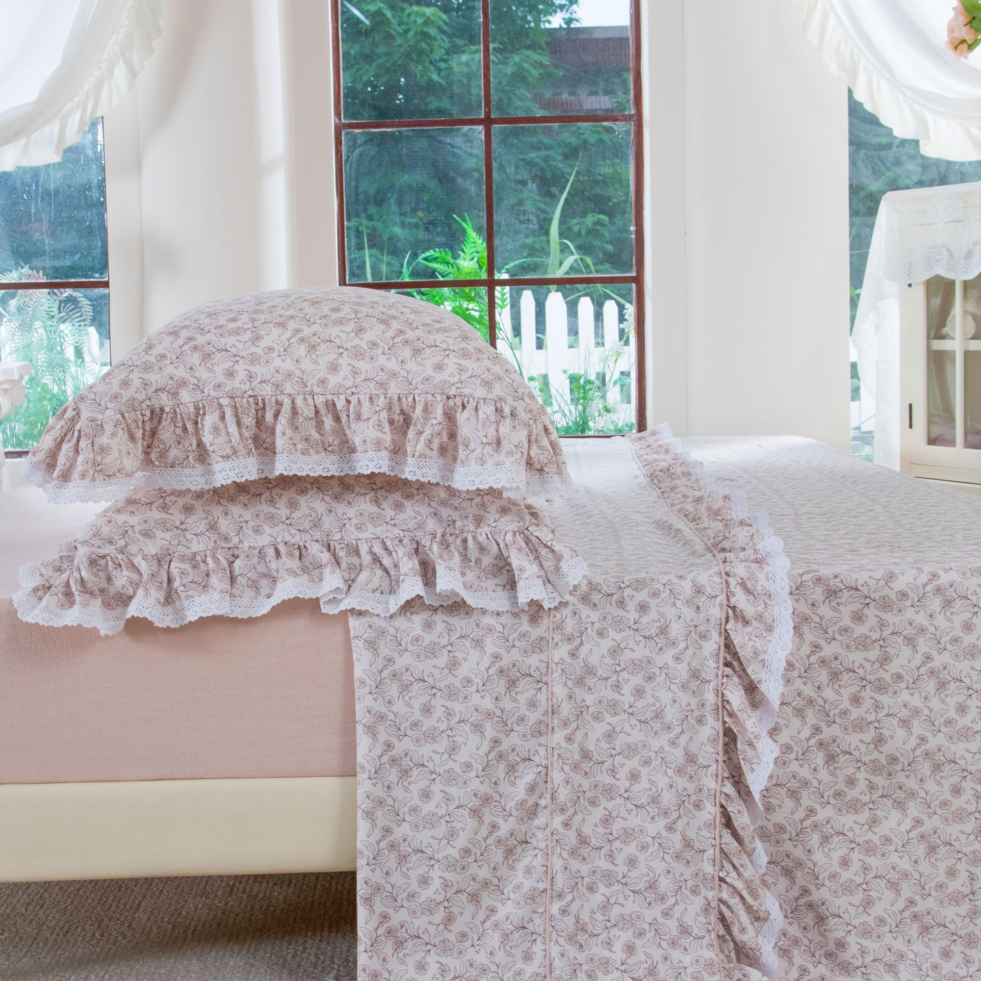 FADFAY Dorm Sheets Set Twin XL, 4 Piece Vintage Camel Floral College Bedding Cottagecore Ruffle Sheets Shabby Lace Trim Farmhouse Bedding 100% Washed Cotton Breathable with Deep Pocket Fitted Sheet