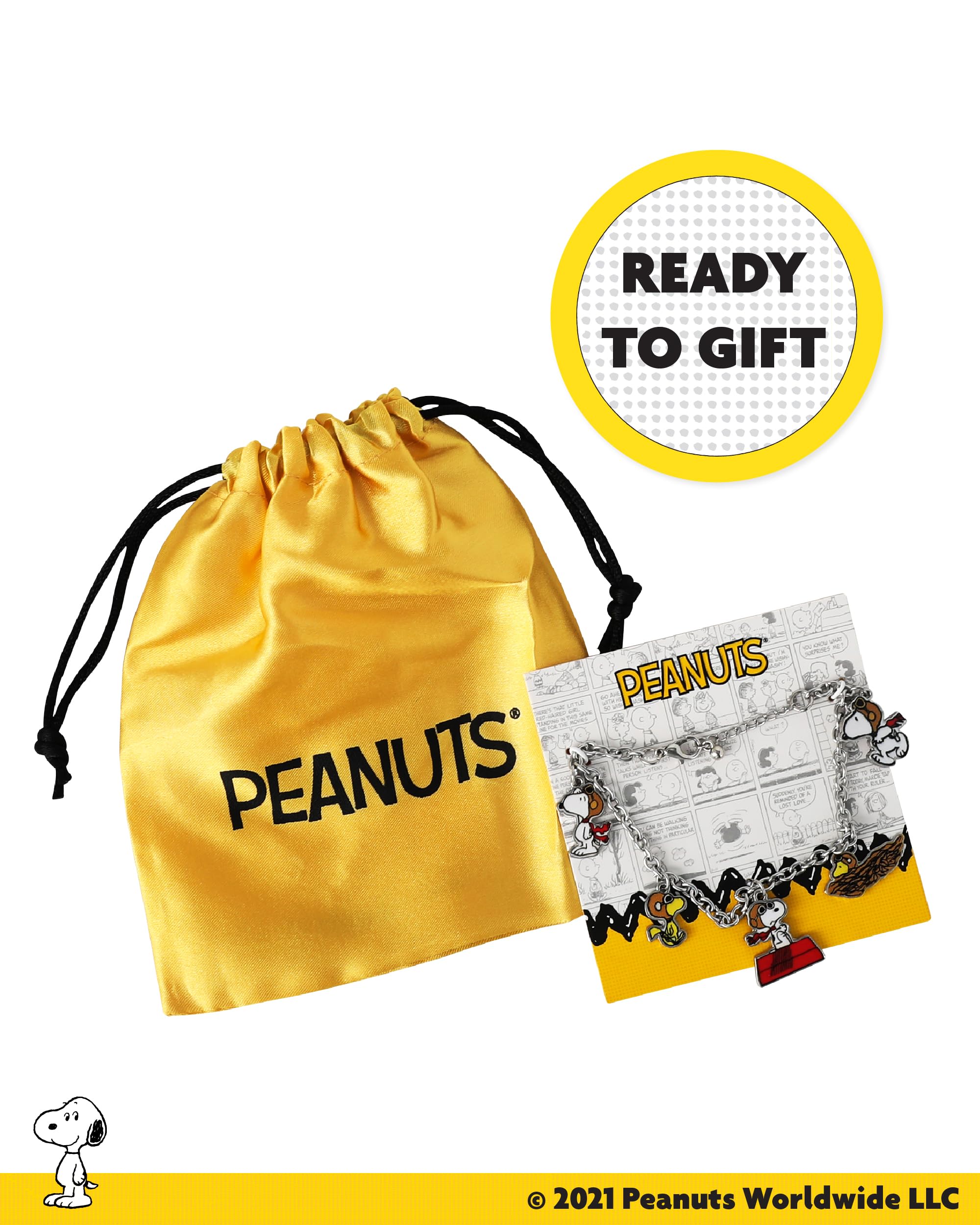 Peanuts Snoopy Charm Bracelet Official License, 7.5"+1" Fashion Bracelet with 5 Flying Ace Snoopy and Woodstock Charms