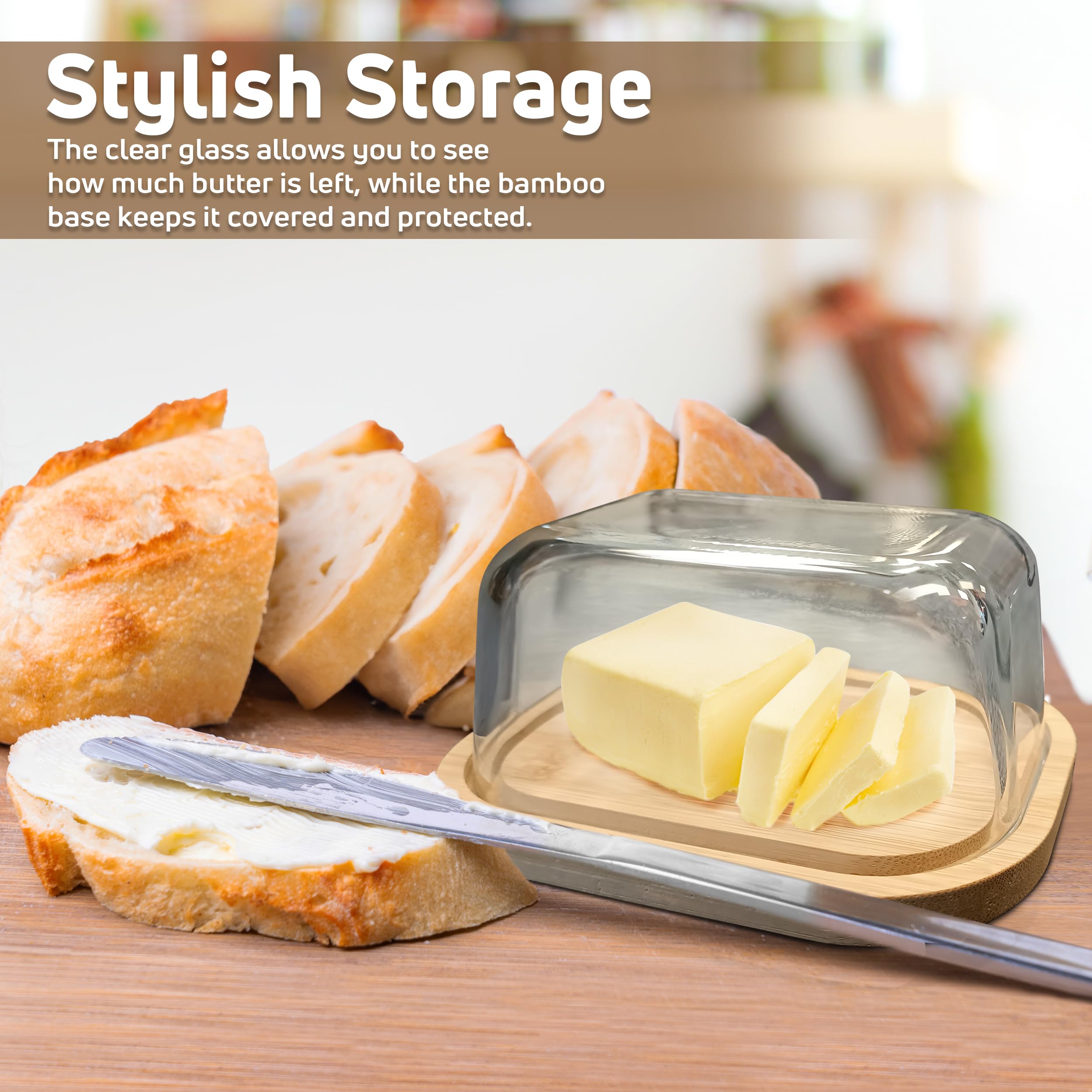 Tydi Glass Butter Dish with Lid & Bamboo Base, 10.5 x110x7cm (200g up to 250g Capacity) Butter Tray for Fresh Storage - Image 4