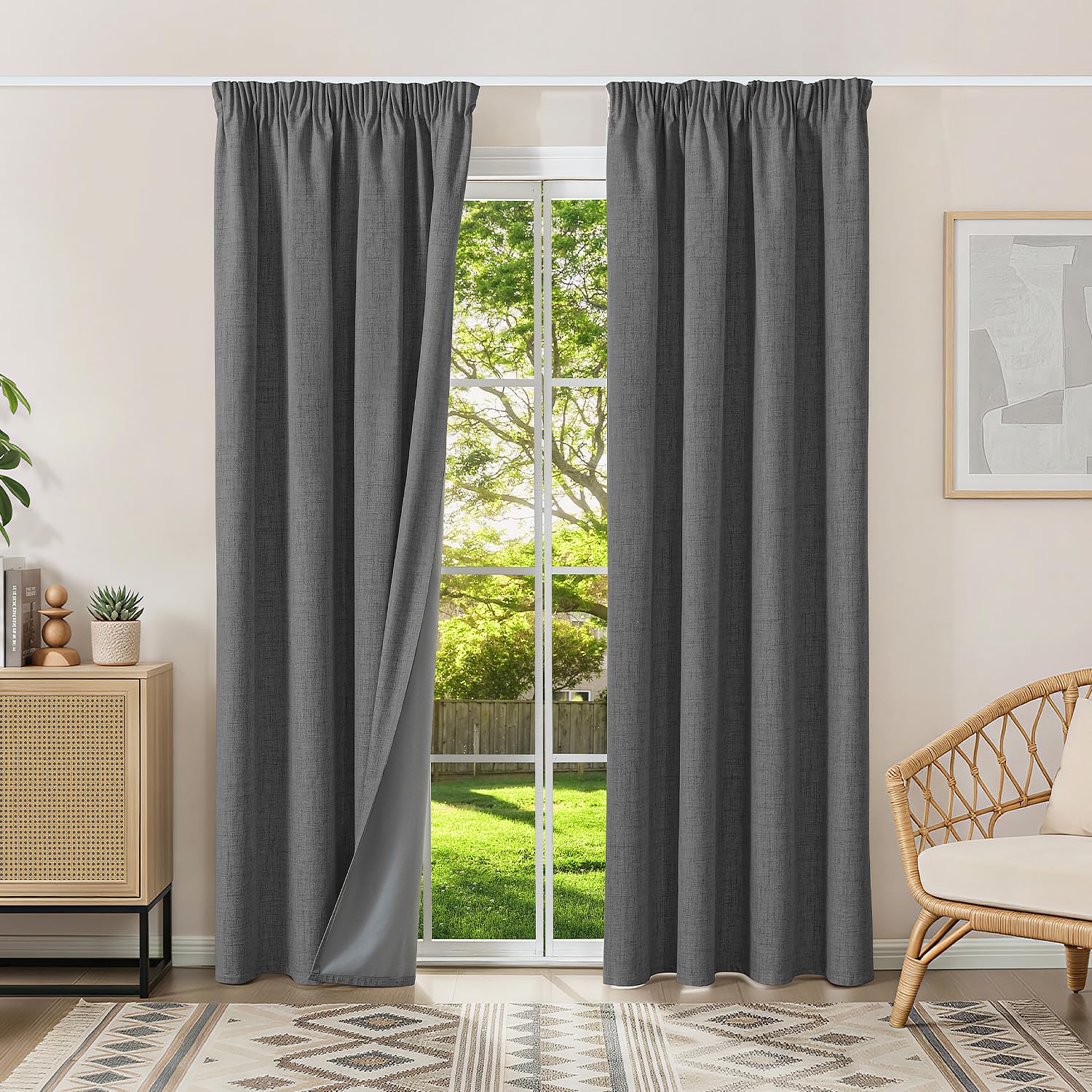 Runyéla 100% Blackout Curtains Pencil Pleat Linen Curtain for Bedroom Living Room Thermal Insulated 52 x 84 Inch Drop 2 Panels Gray
