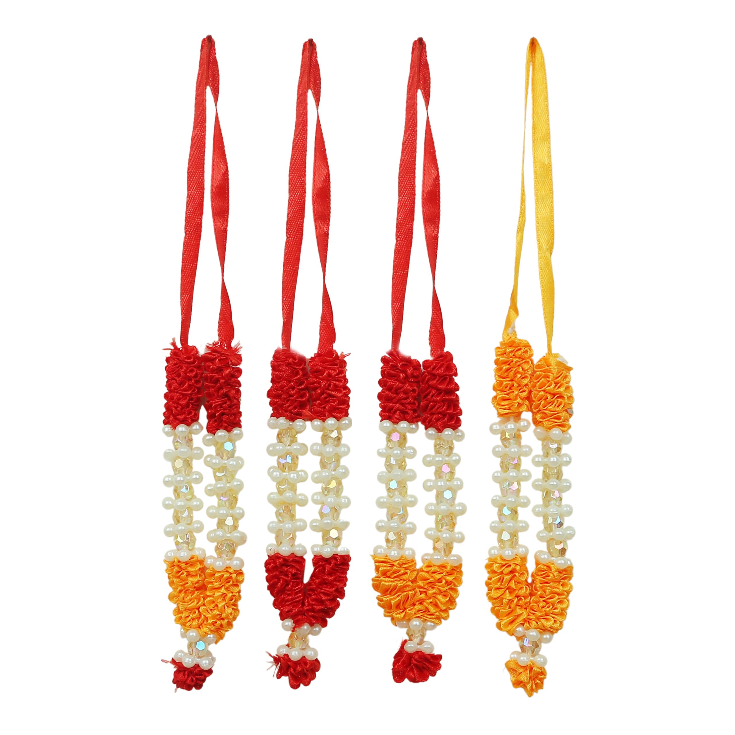 Set of 4 Mala Artificial Beaded Mala Ribbon Garland for Idol-Mala for God Statues Accessories Pooja Sringar Articles Ornament for Indian Traditional Festival Decoration(Size:-4")(Multicolour)