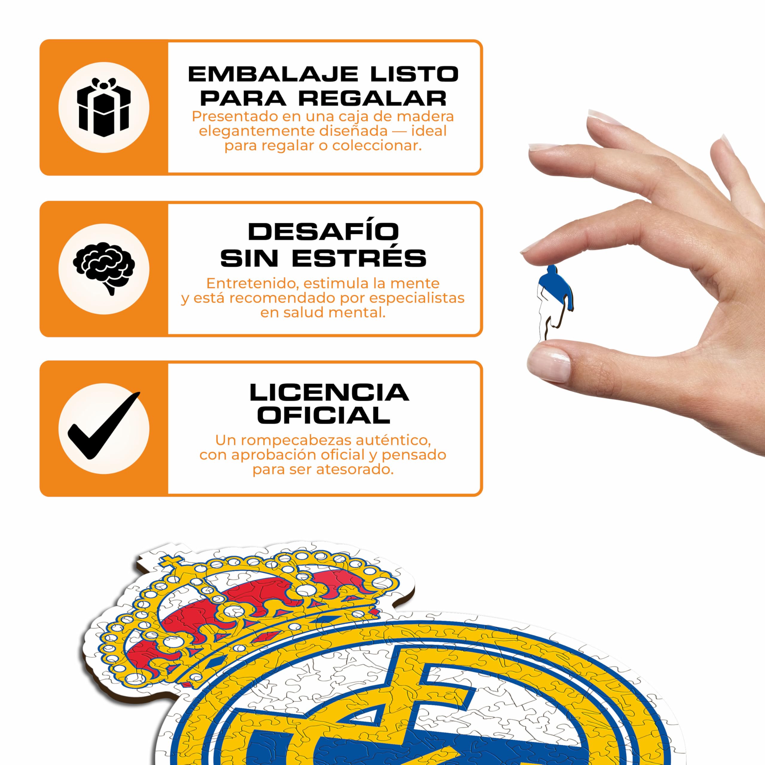 Iconic Puzzles, Logo Real Madrid, ​​Producto Oficial, Puzzles de Madera para Adultos y Niños, Madera 100% Sostenible, M, 270 Piezas
