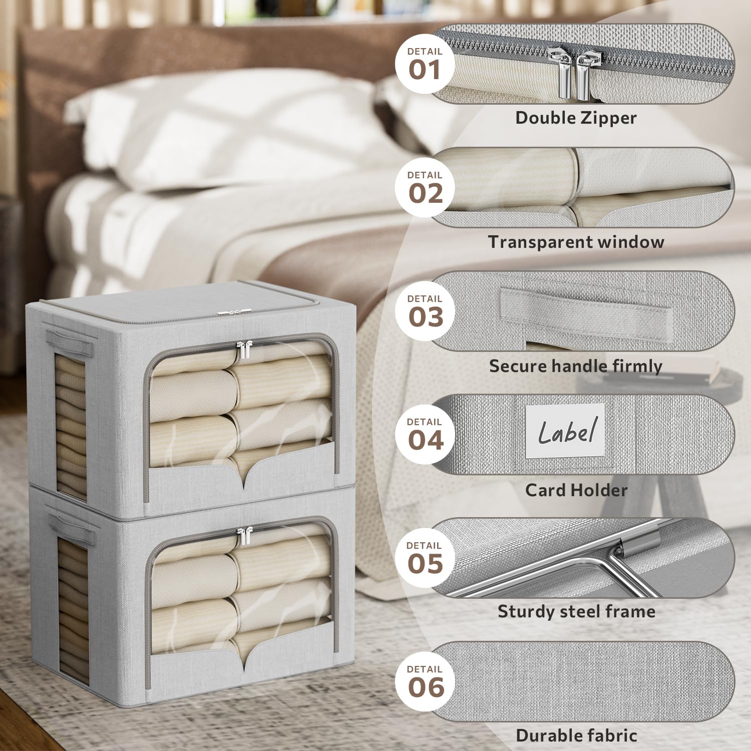 Set di 3 contenitori per vestiti, pieghevole, con telaio in metallo, impilabile, in tessuto di lino, con maniglie per il trasporto e finestra trasparente (grigio chiaro, 39,9 x 30 x 30 x 30 cm (36L))