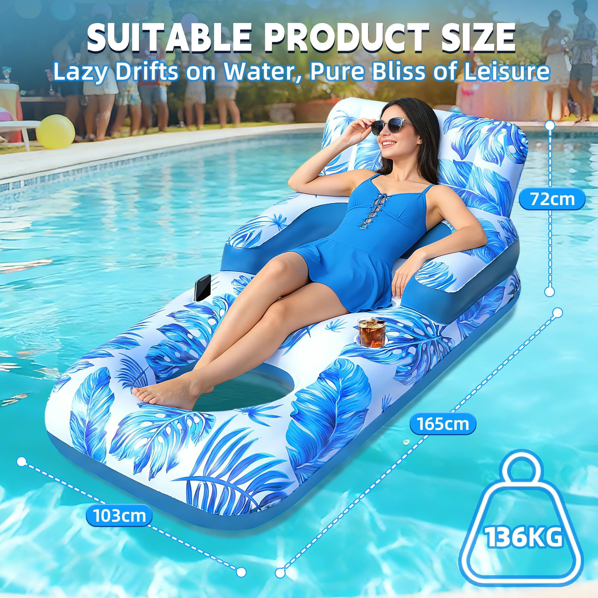 ChlorBlu Colchoneta Piscina Adultos,Flotadores Piscina con Soportes para Vasos y Teléfono,Hinchable para Piscina con Reposacabezas,Respaldo y Reposapiés,Engrosada Sillon Hinchable Piscina de Bronceado